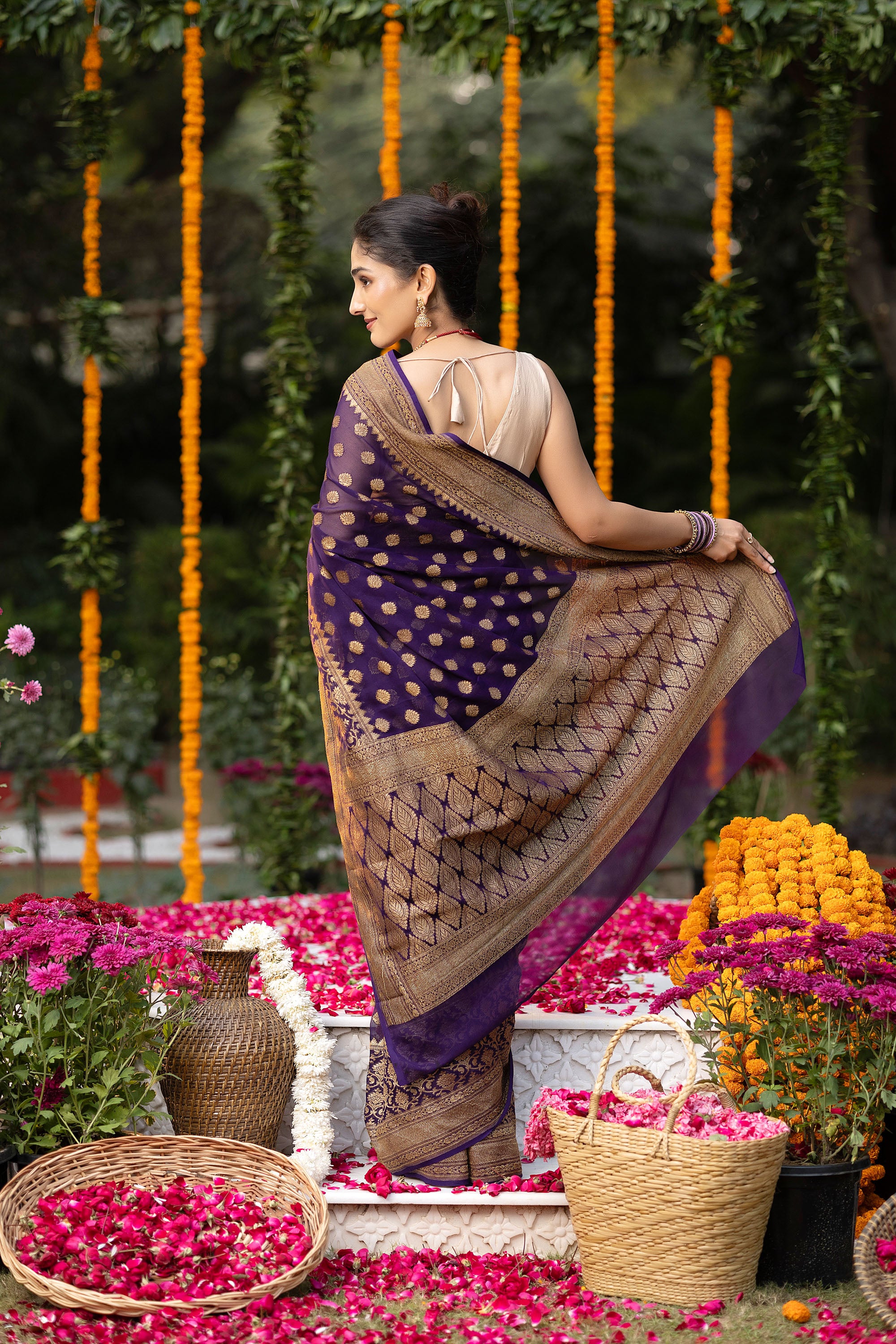 Banarasi pure silk georgette deep purple saree with copper zari Buti, zari pallu