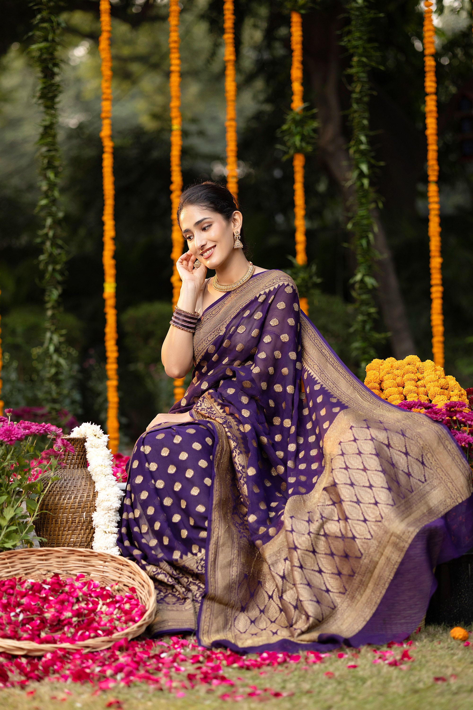 Banarasi pure silk georgette deep purple saree with copper zari Buti, zari pallu