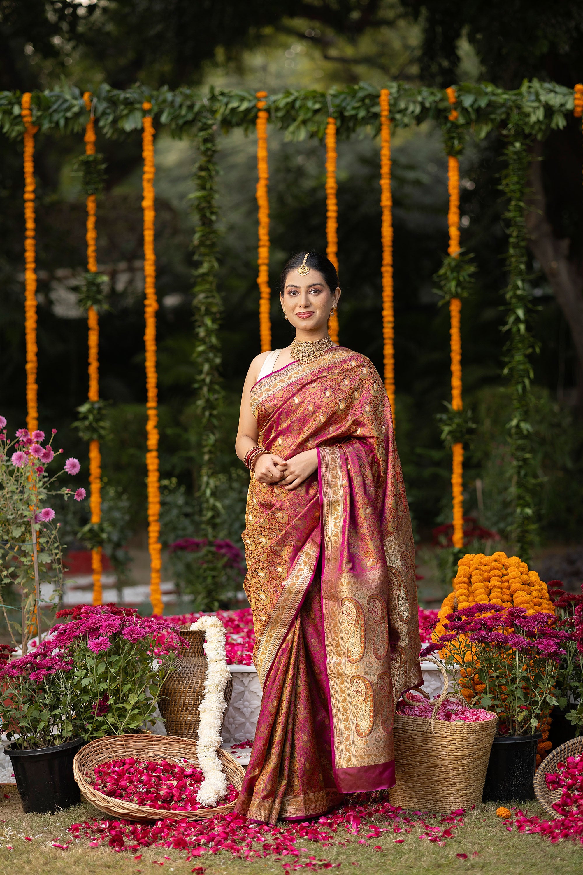 Banarasi pure silk red-pink Tanchui saree with intricate Resham weaving and small zari Buti
