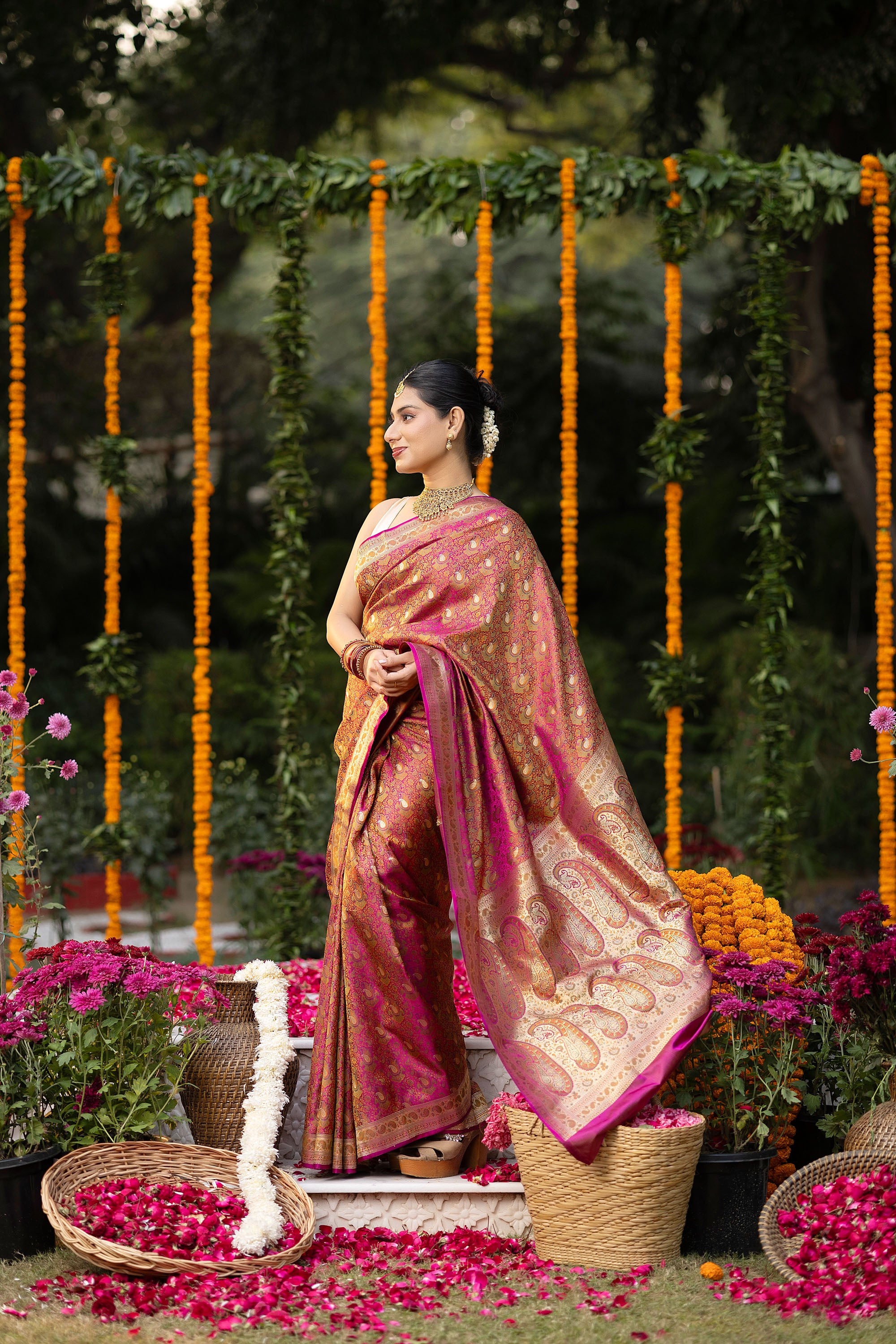 Banarasi pure silk red-pink Tanchui saree with intricate Resham weaving and small zari Buti