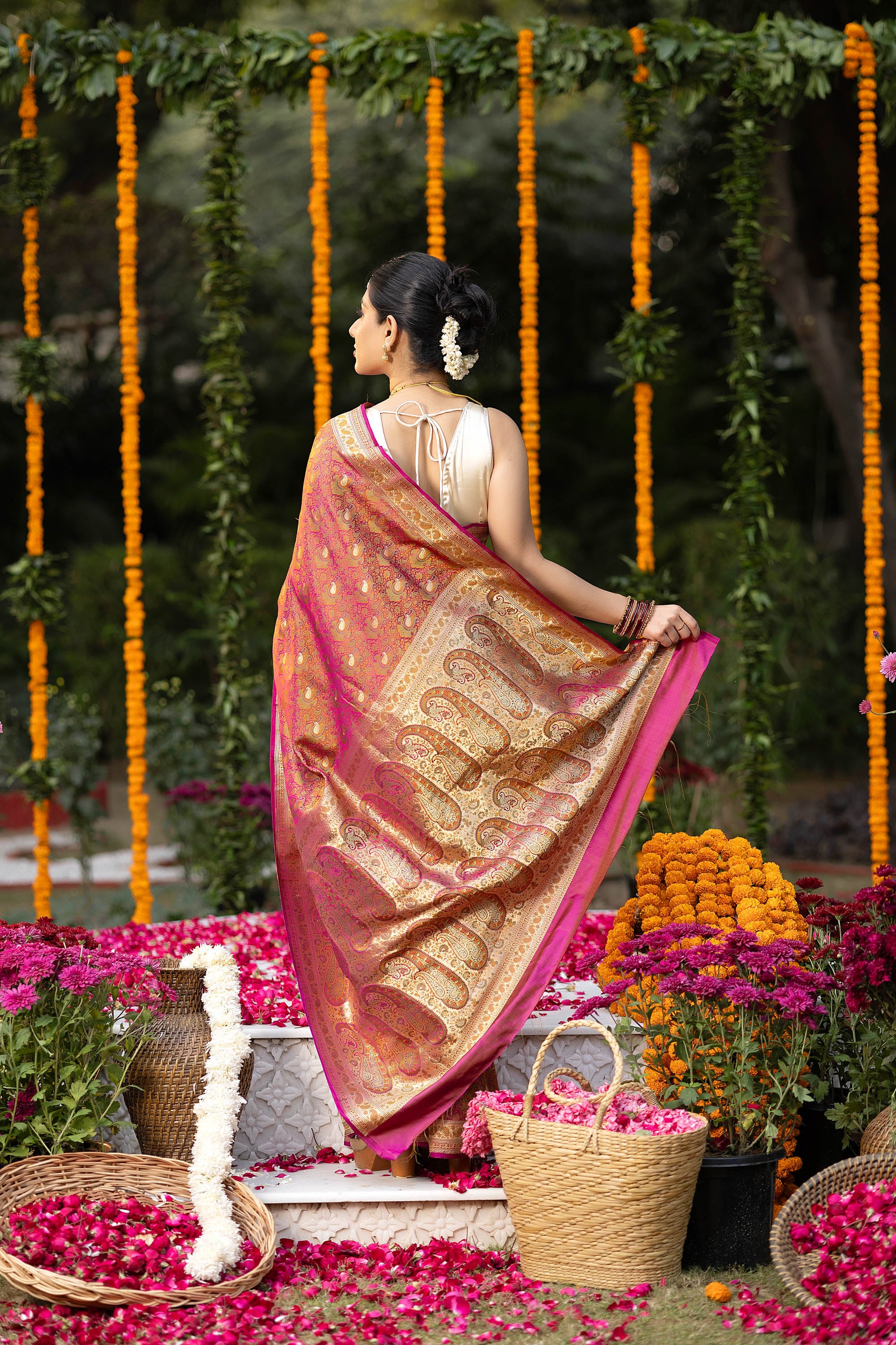 Banarasi pure silk red-pink Tanchui saree with intricate Resham weaving and small zari Buti