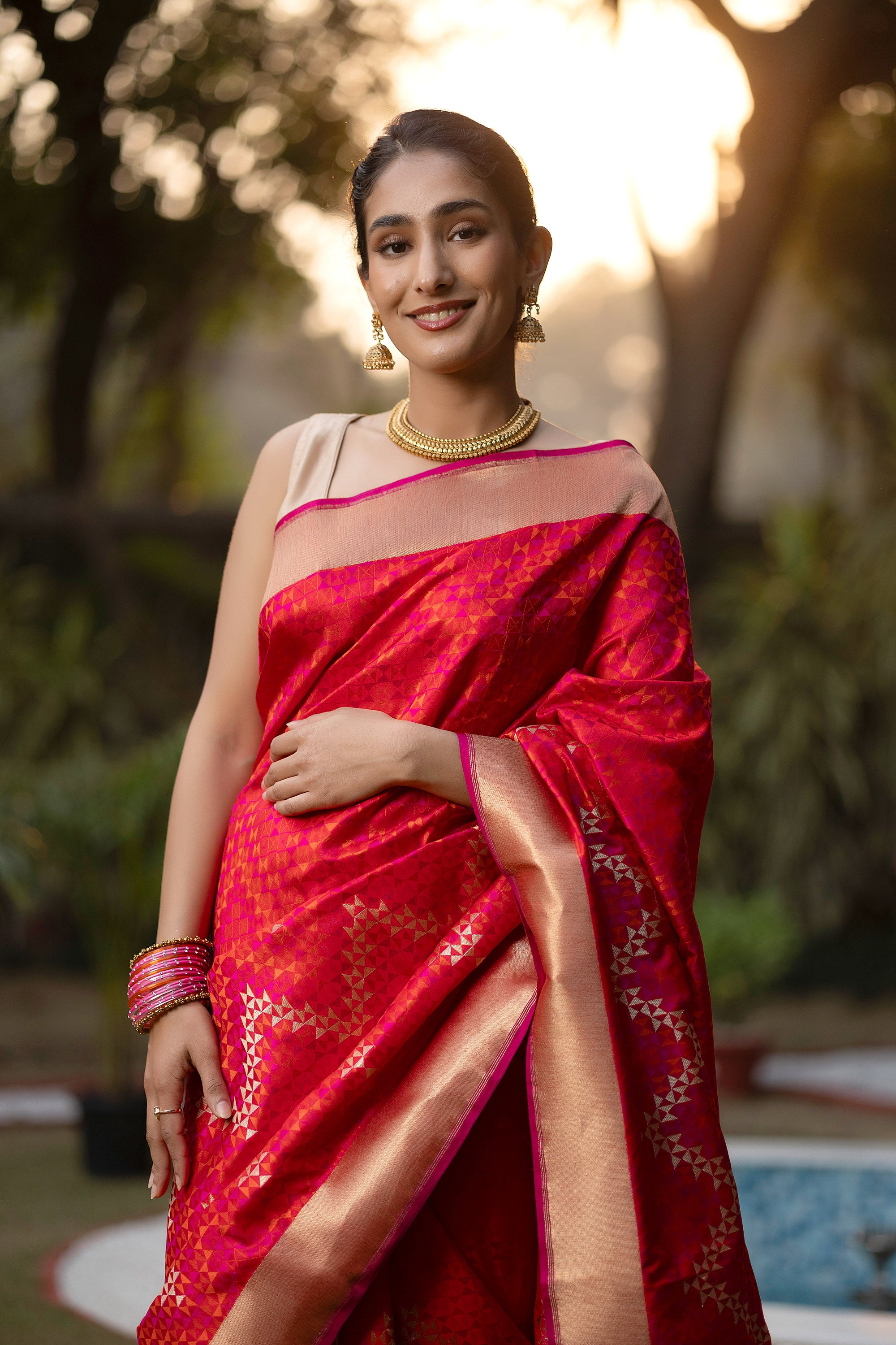 Banarasi pure silk rich crimson red Tanchui saree with intricate Resham weaving and some zari work