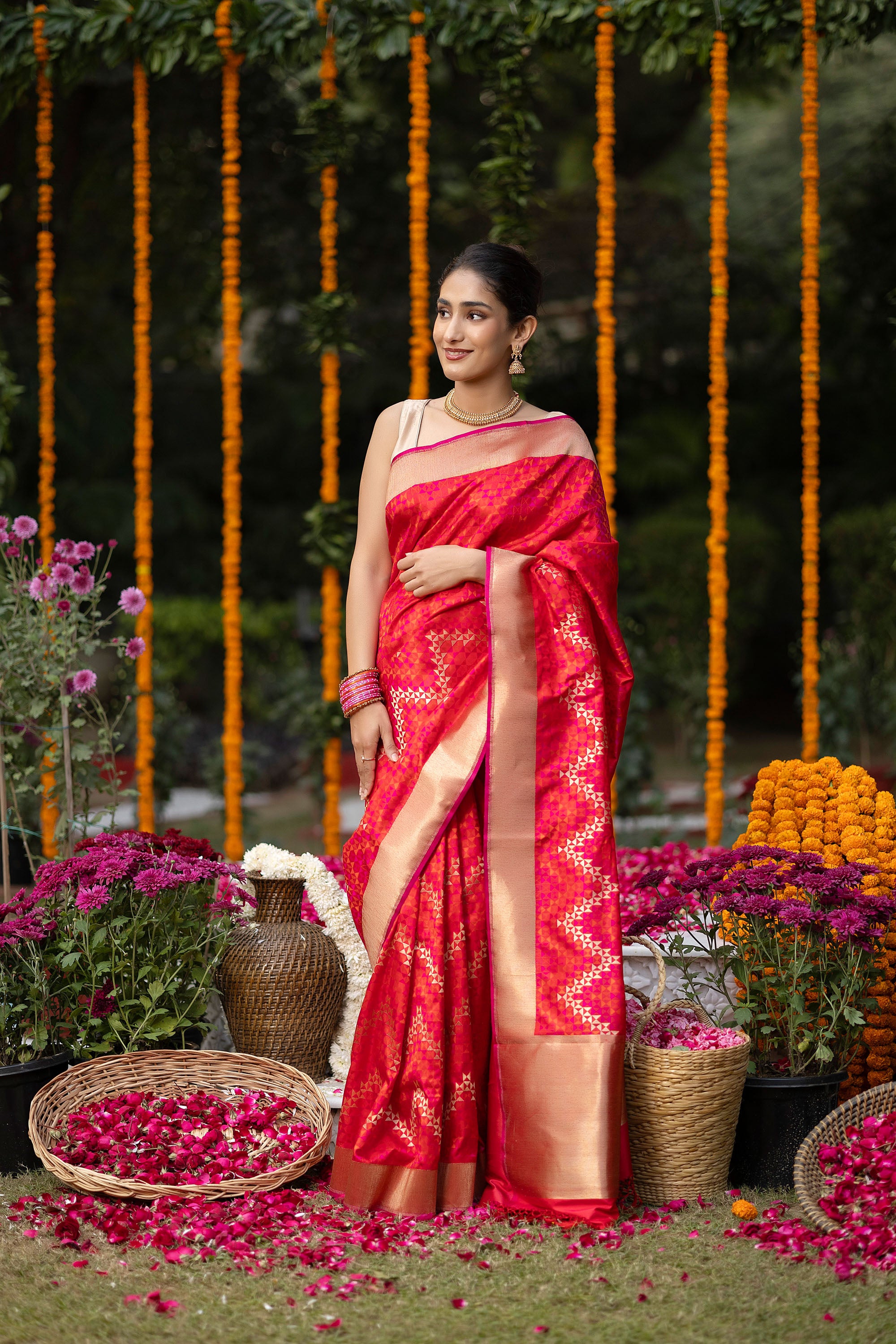 Banarasi pure silk rich crimson red Tanchui saree with intricate Resham weaving and some zari work