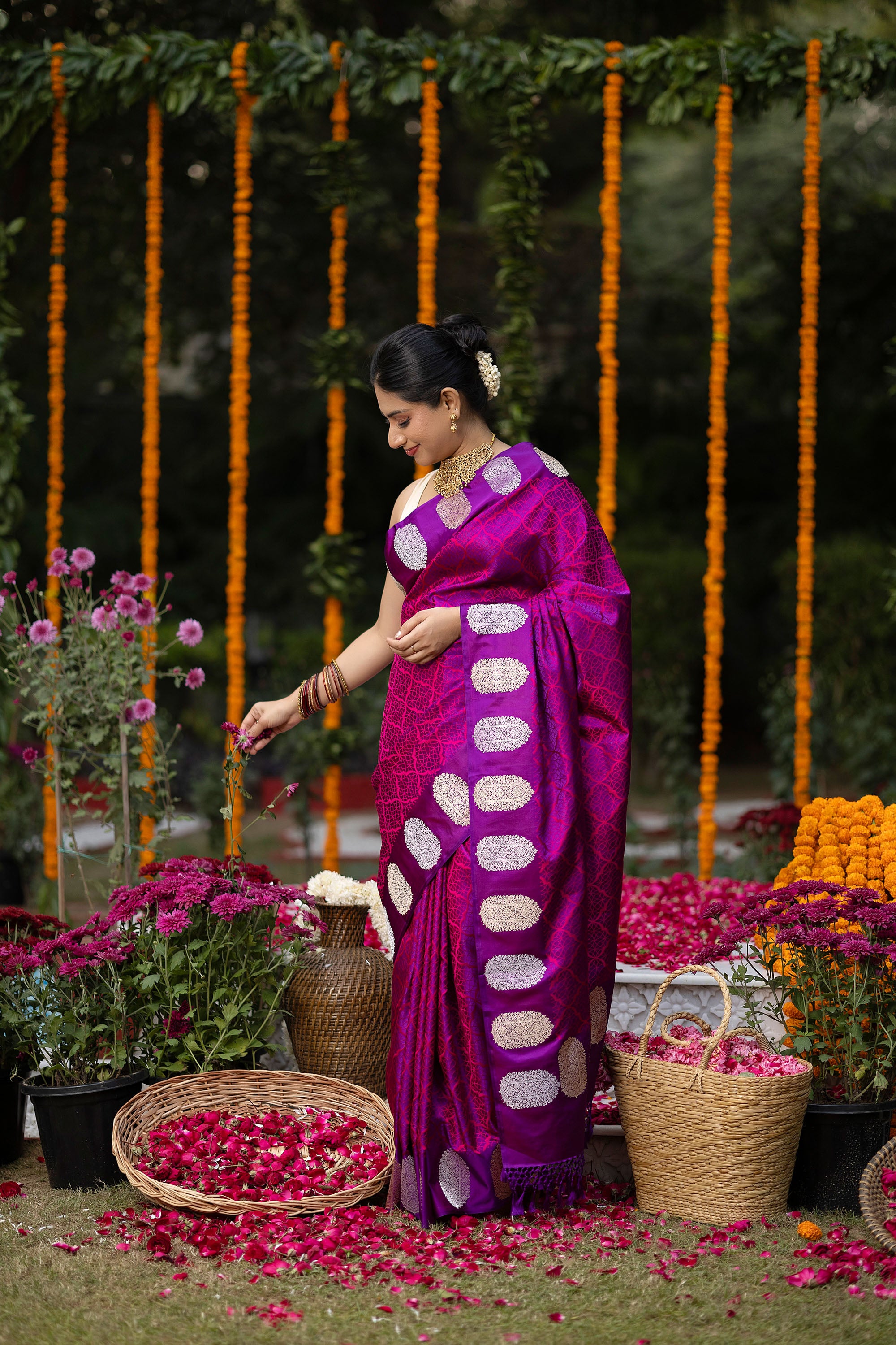 Banarasi pure silk deep magenta tanchui saree with intricate Resham weaving all over and  zari motif on the border and pallu