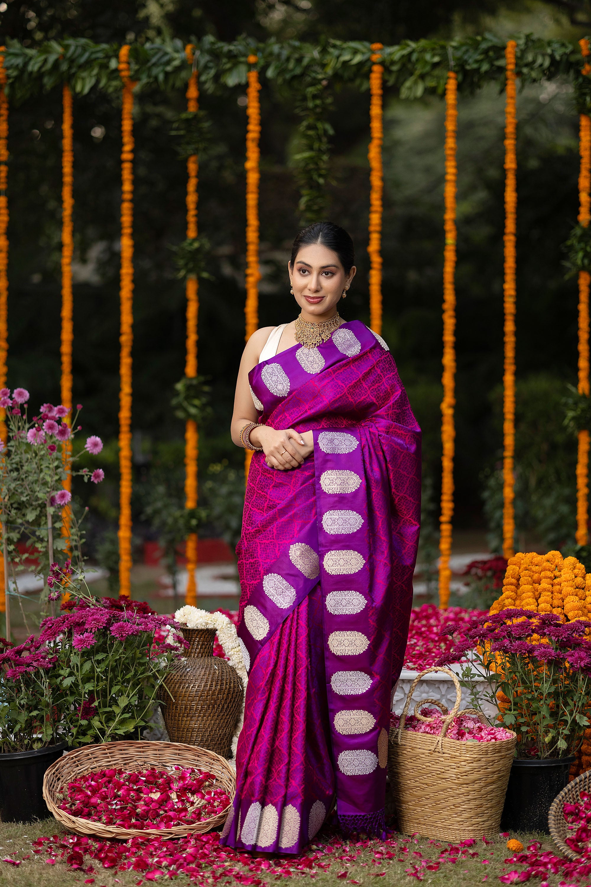 Banarasi pure silk deep magenta tanchui saree with intricate Resham weaving all over and  zari motif on the border and pallu