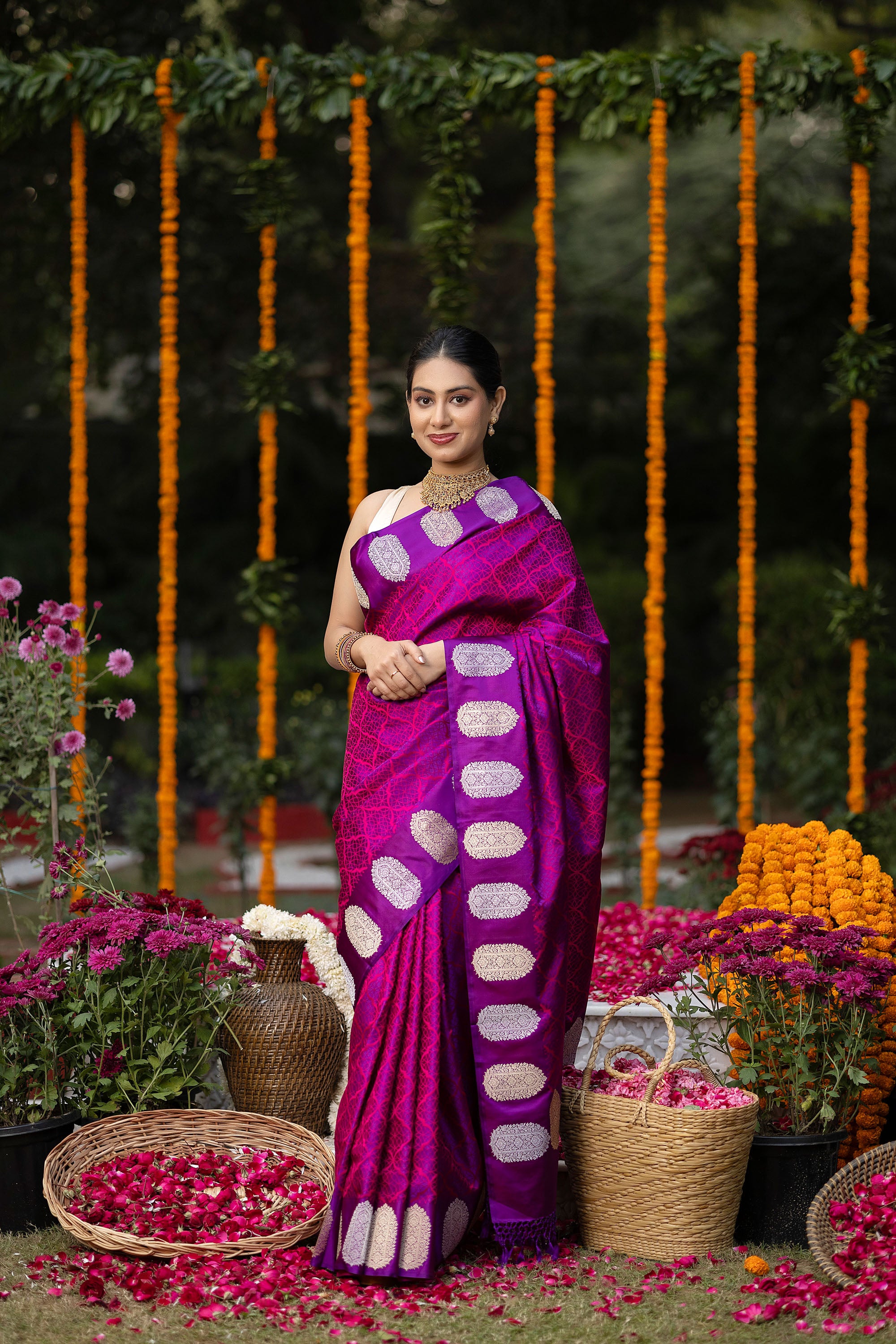 Banarasi pure silk deep magenta tanchui saree with intricate Resham weaving all over and  zari motif on the border and pallu