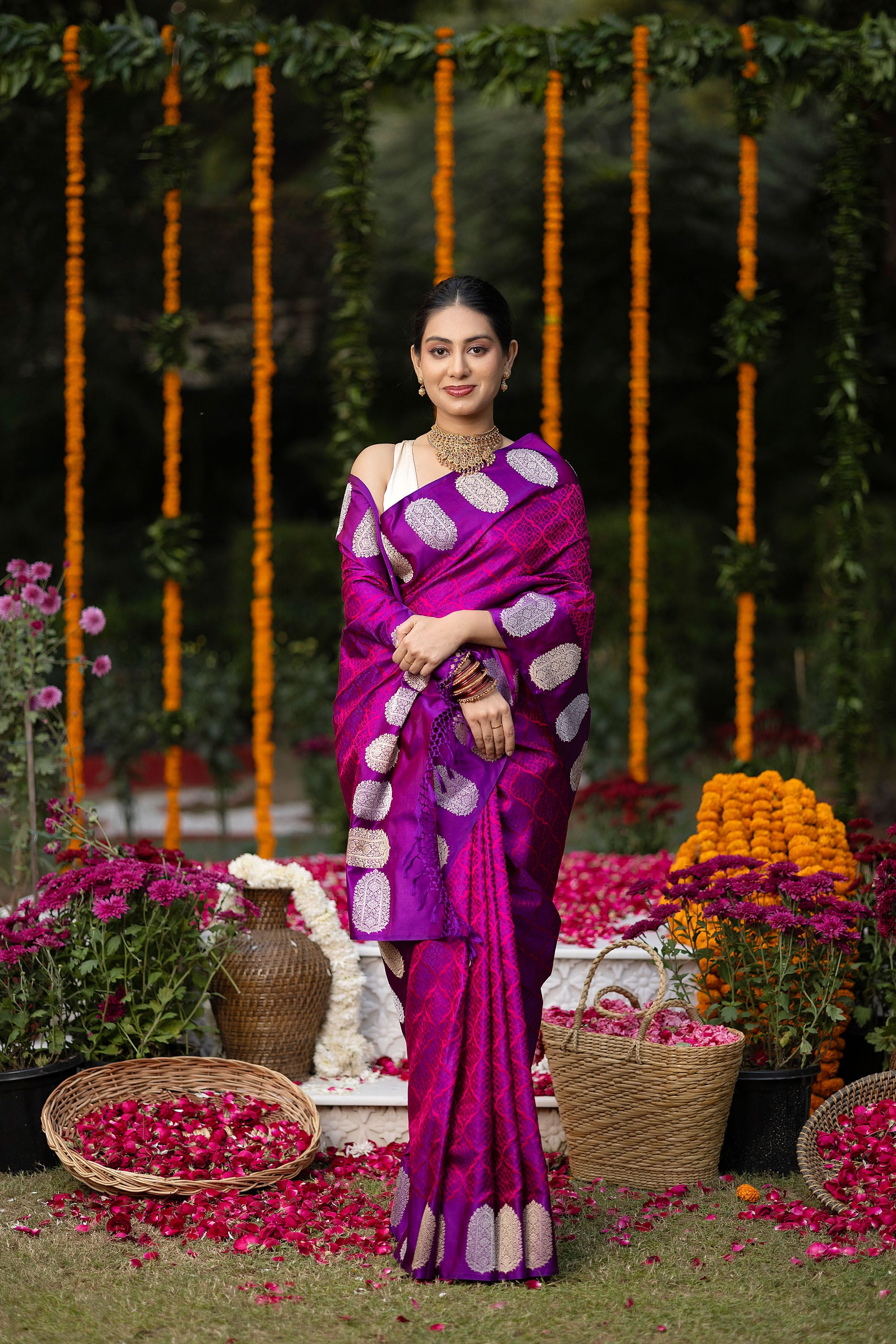 Banarasi pure silk deep magenta tanchui saree with intricate Resham weaving all over and  zari motif on the border and pallu