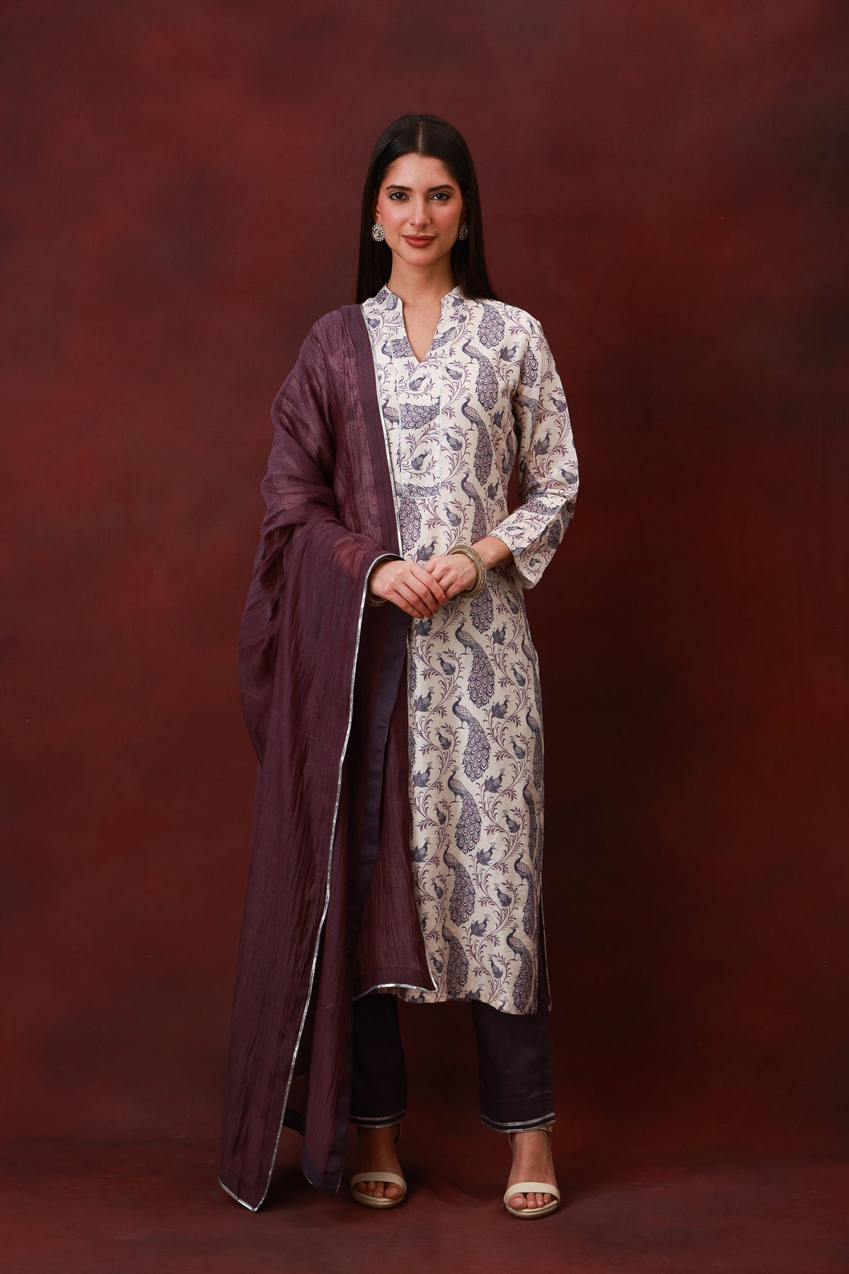 Ivory peacock print Chanderi silk suit with plum dupatta, view 2