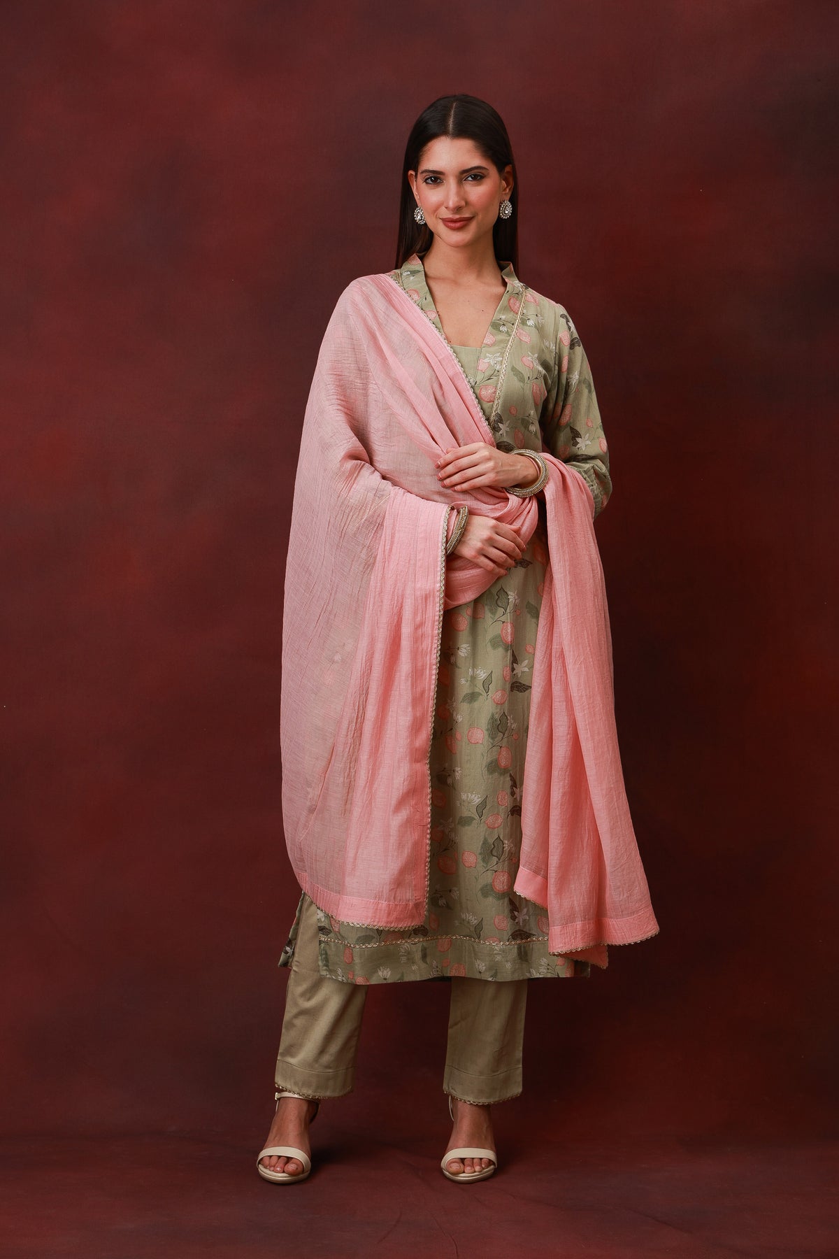 Gulnoor sage green floral Chanderi silk three-piece suit with dupatta, view 2