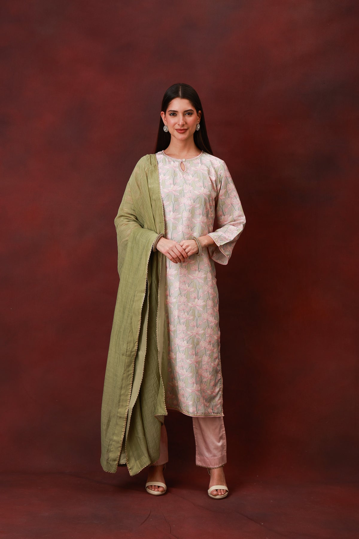 Kamal Phool blush lotus print Chanderi silk suit with olive dupatta, view 2