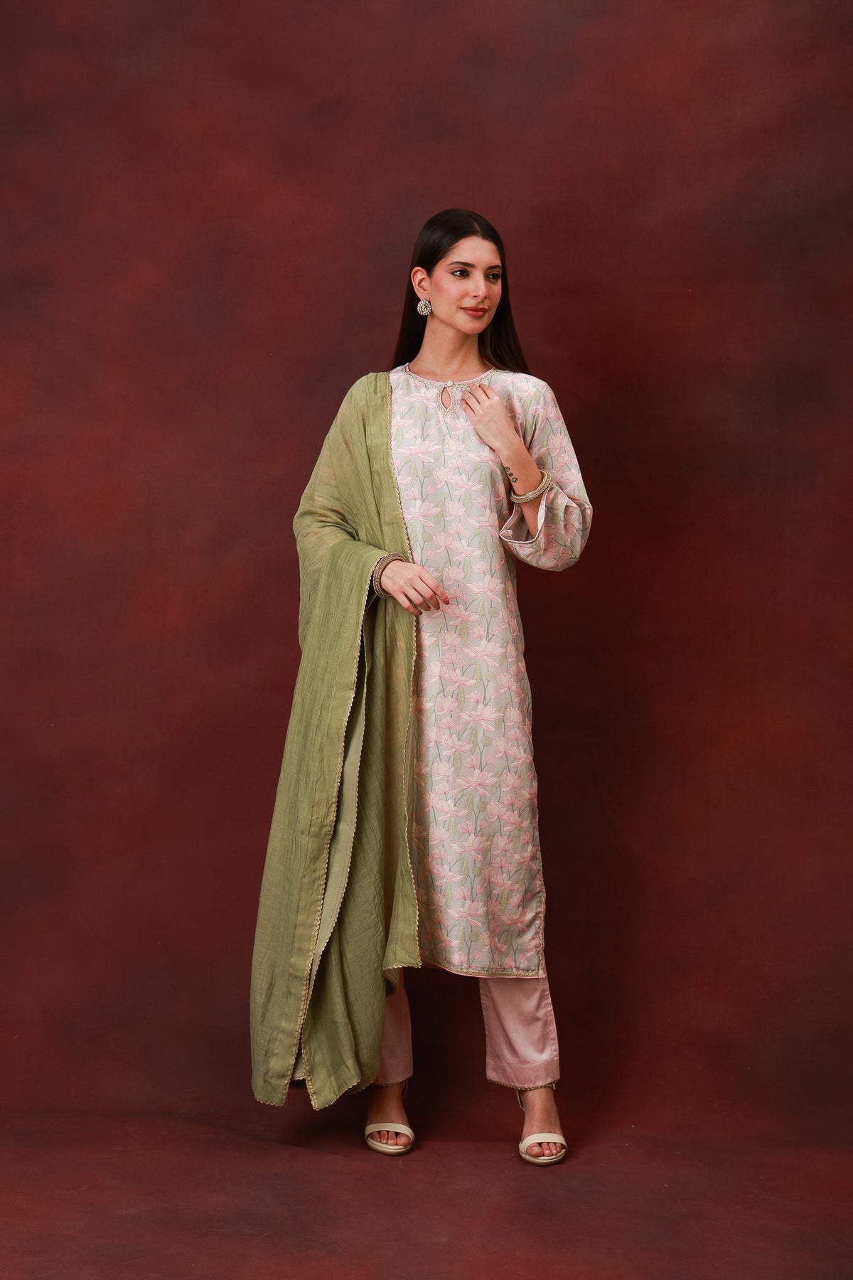 Kamal Phool blush lotus print Chanderi silk suit with olive dupatta, view 5