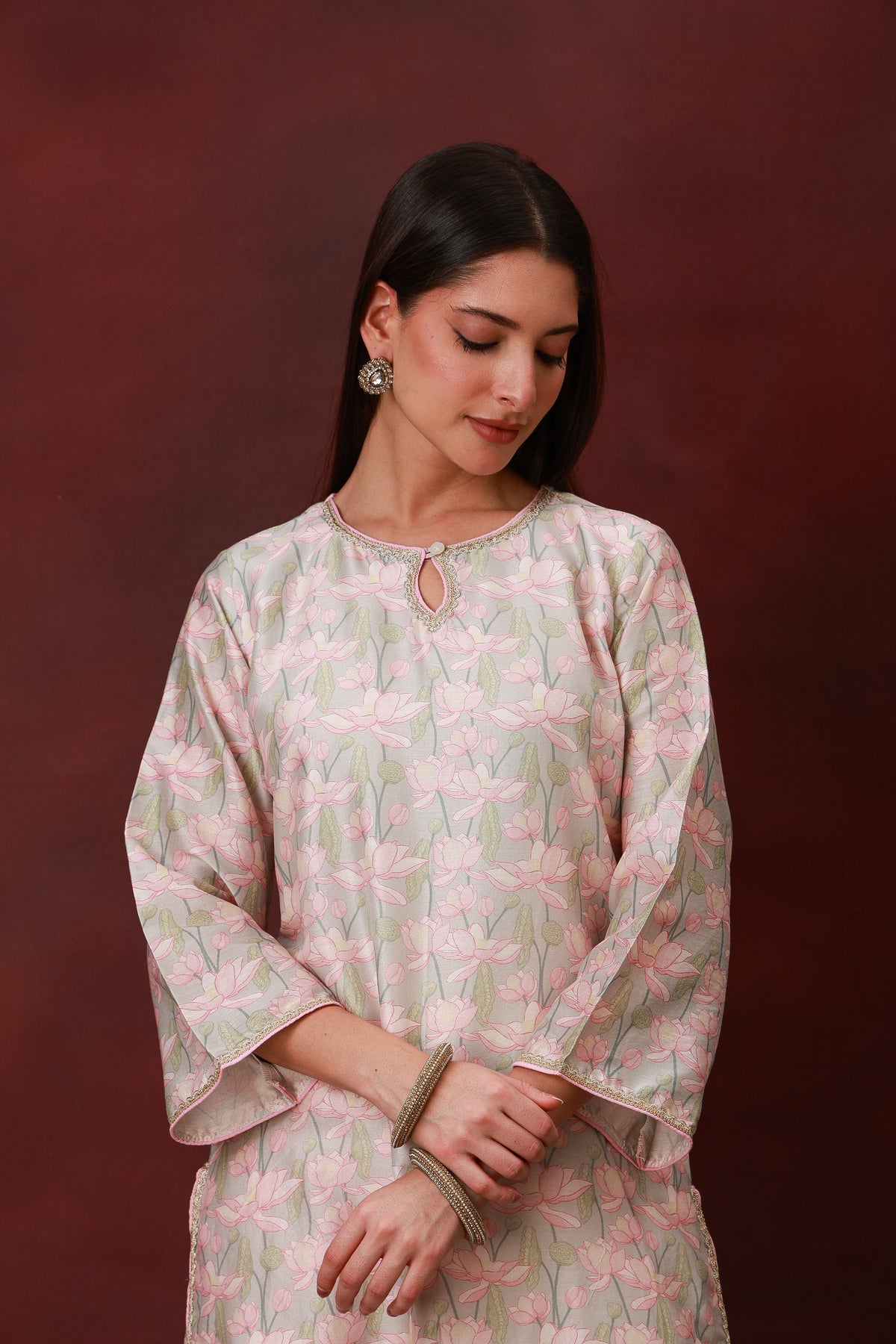 Kamal Phool blush lotus print Chanderi silk suit with olive dupatta, view 3