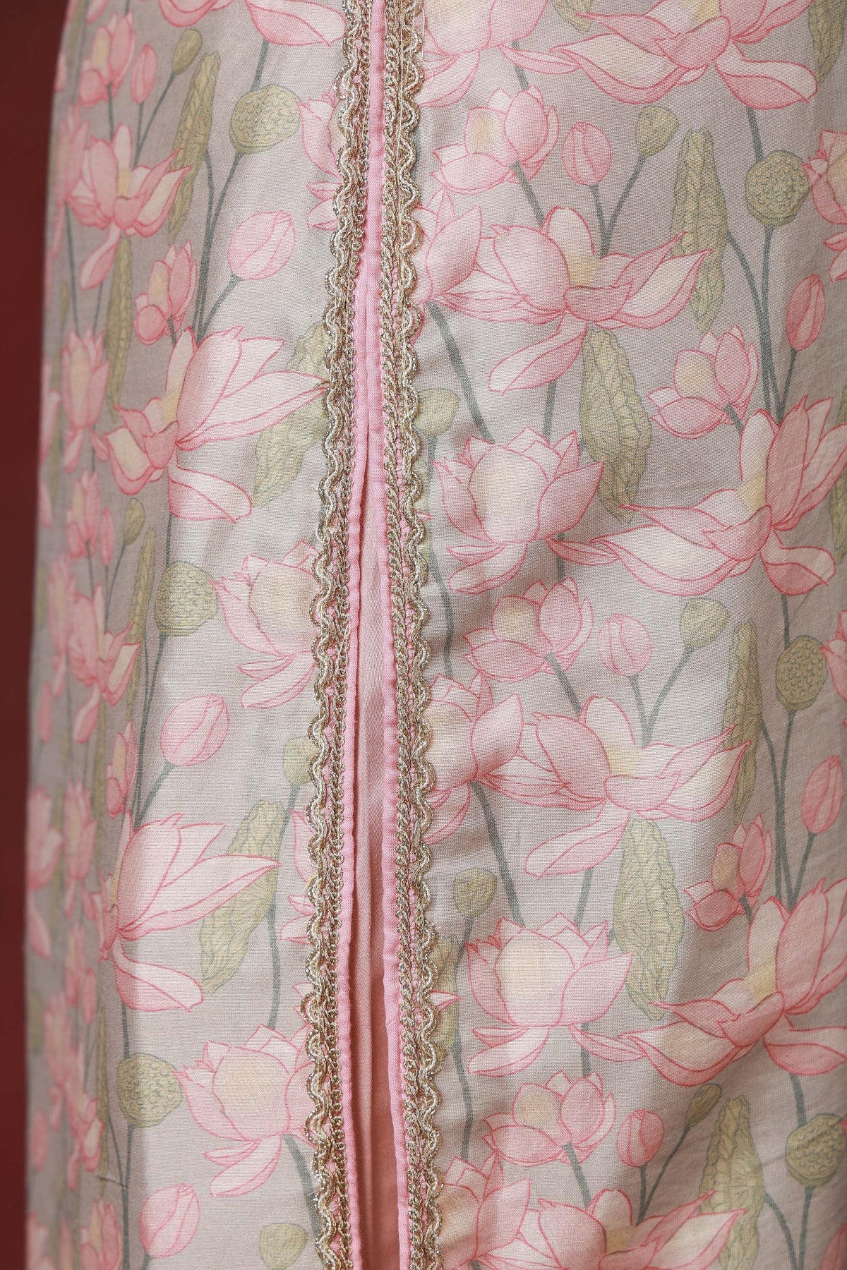 Kamal Phool blush lotus print Chanderi silk suit with olive dupatta, view 6