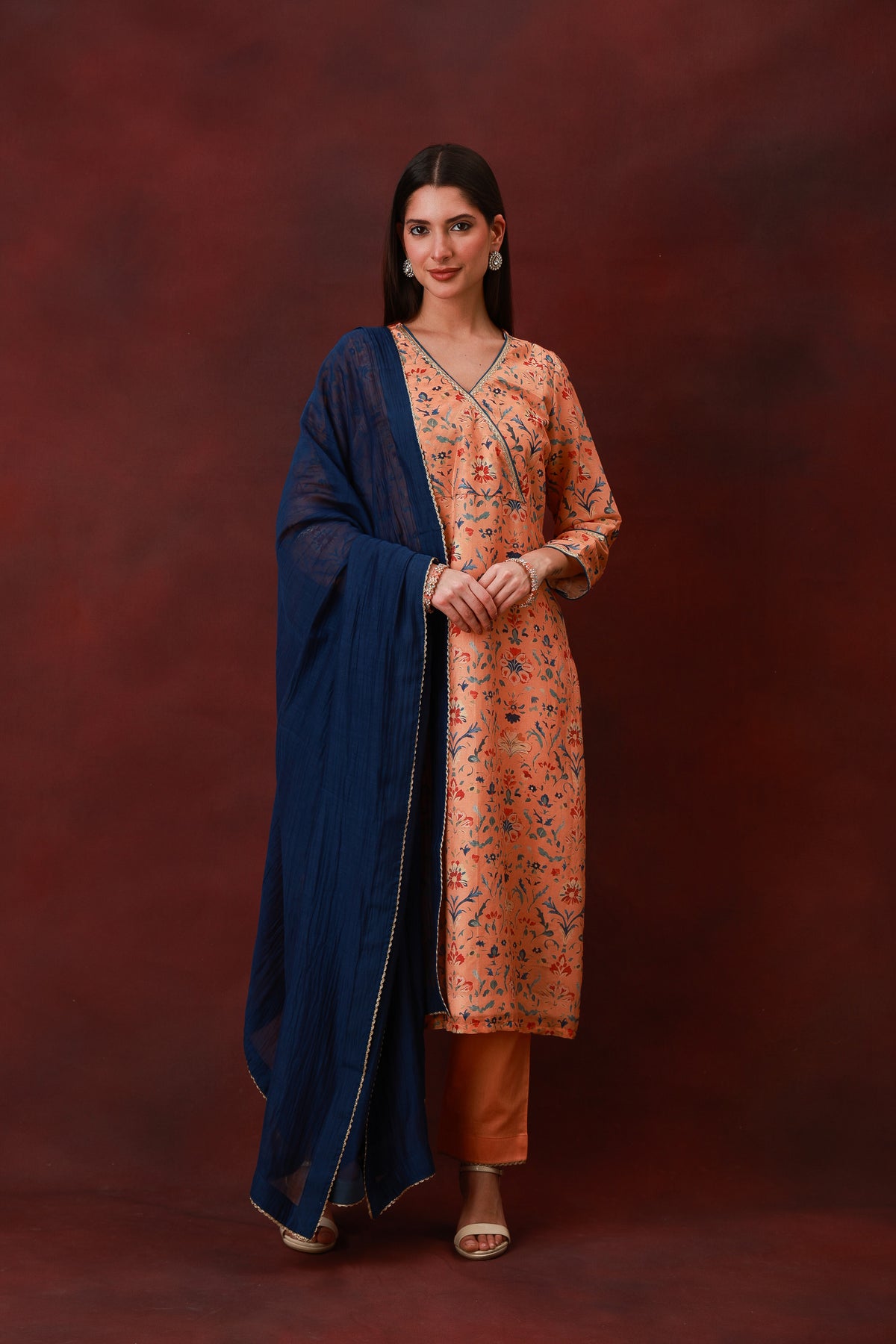 Rangbahar peach floral Chanderi silk suit with navy dupatta, view 4