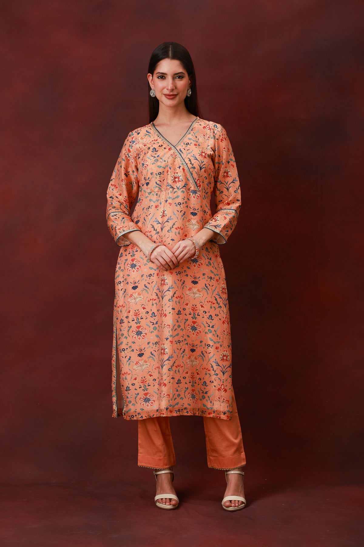 Rangbahar peach floral Chanderi silk suit with navy dupatta, view 5