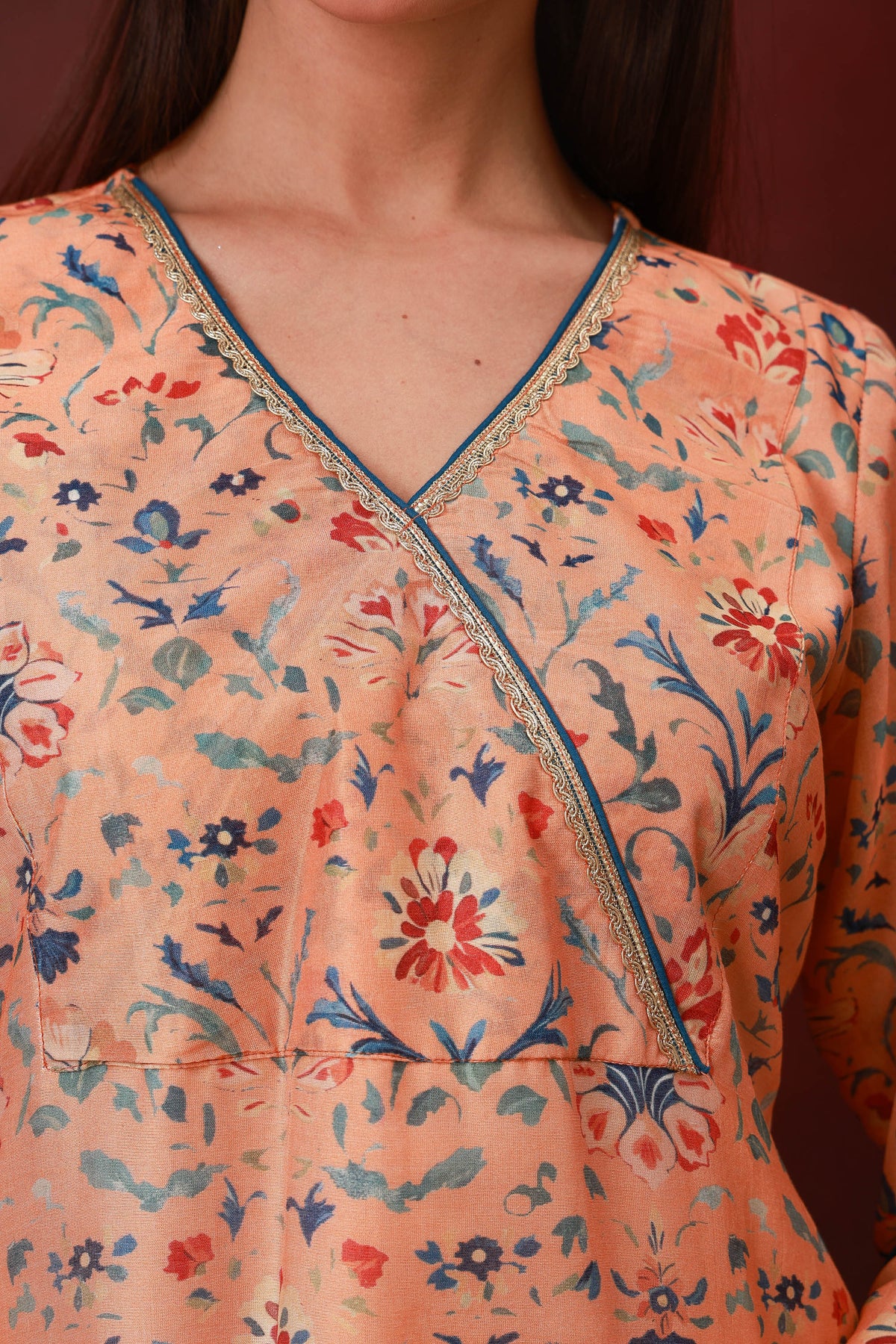 Rangbahar peach floral Chanderi silk suit with navy dupatta, view 3