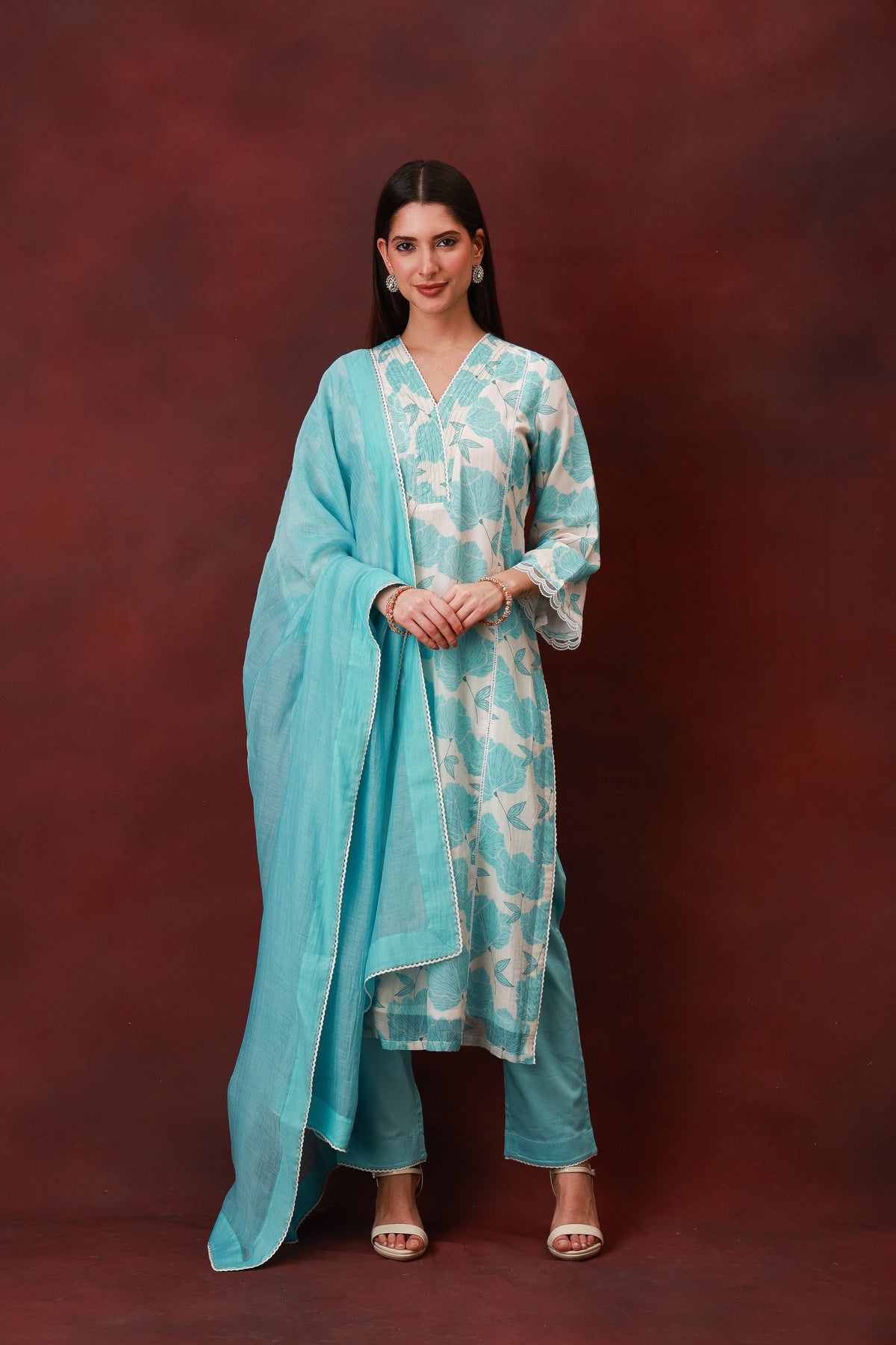 Neelanjali sky blue Chanderi silk three-piece suit with dupatta, view 2