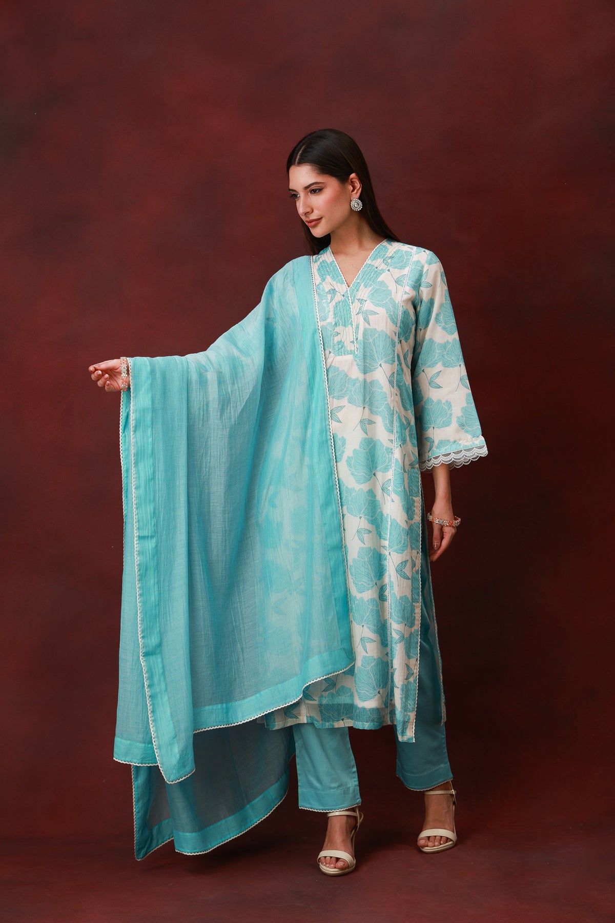 Neelanjali sky blue Chanderi silk three-piece suit with dupatta, view 9