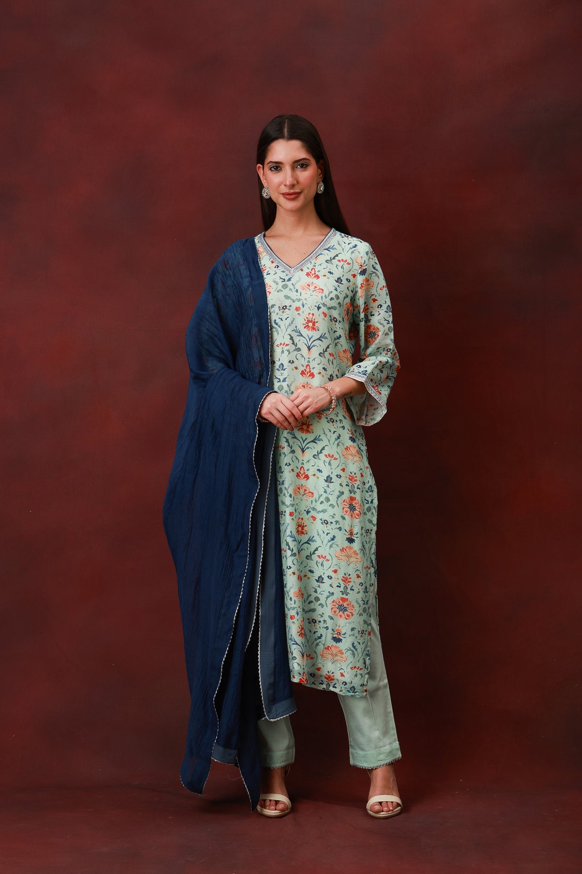 Nirvi sea green floral Chanderi silk suit with navy dupatta, view 2