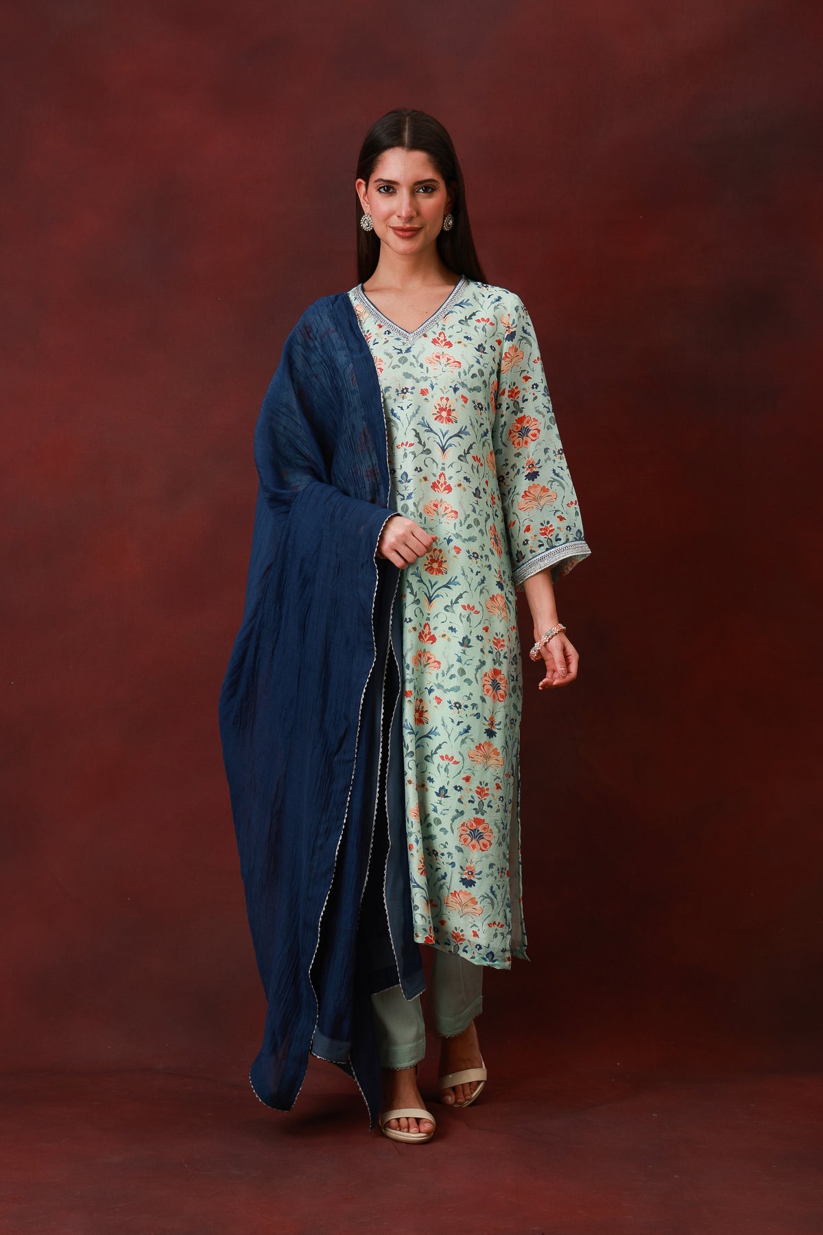Nirvi sea green floral Chanderi silk suit with navy dupatta, view 7