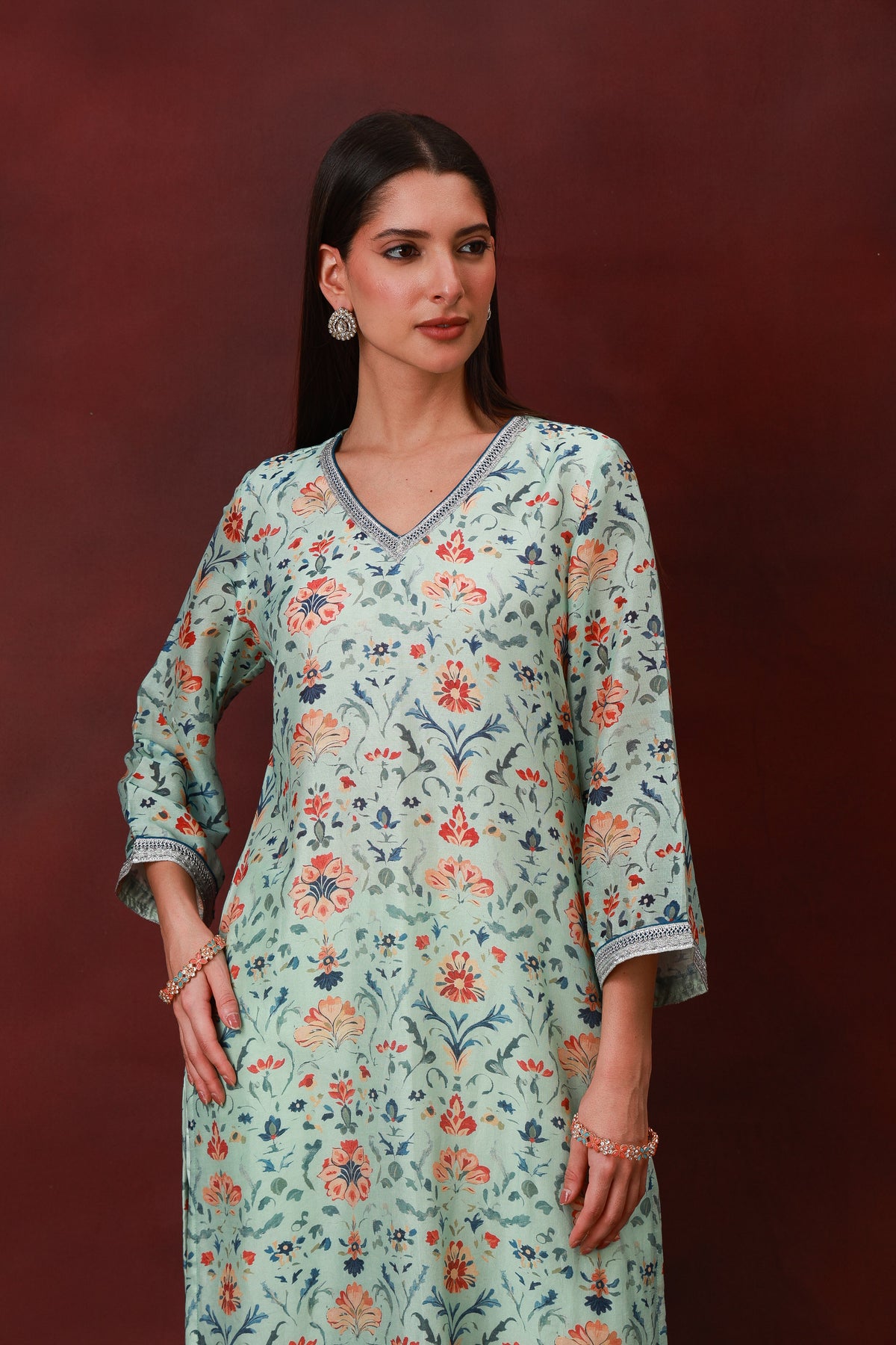 Nirvi sea green floral Chanderi silk suit with navy dupatta, view 5