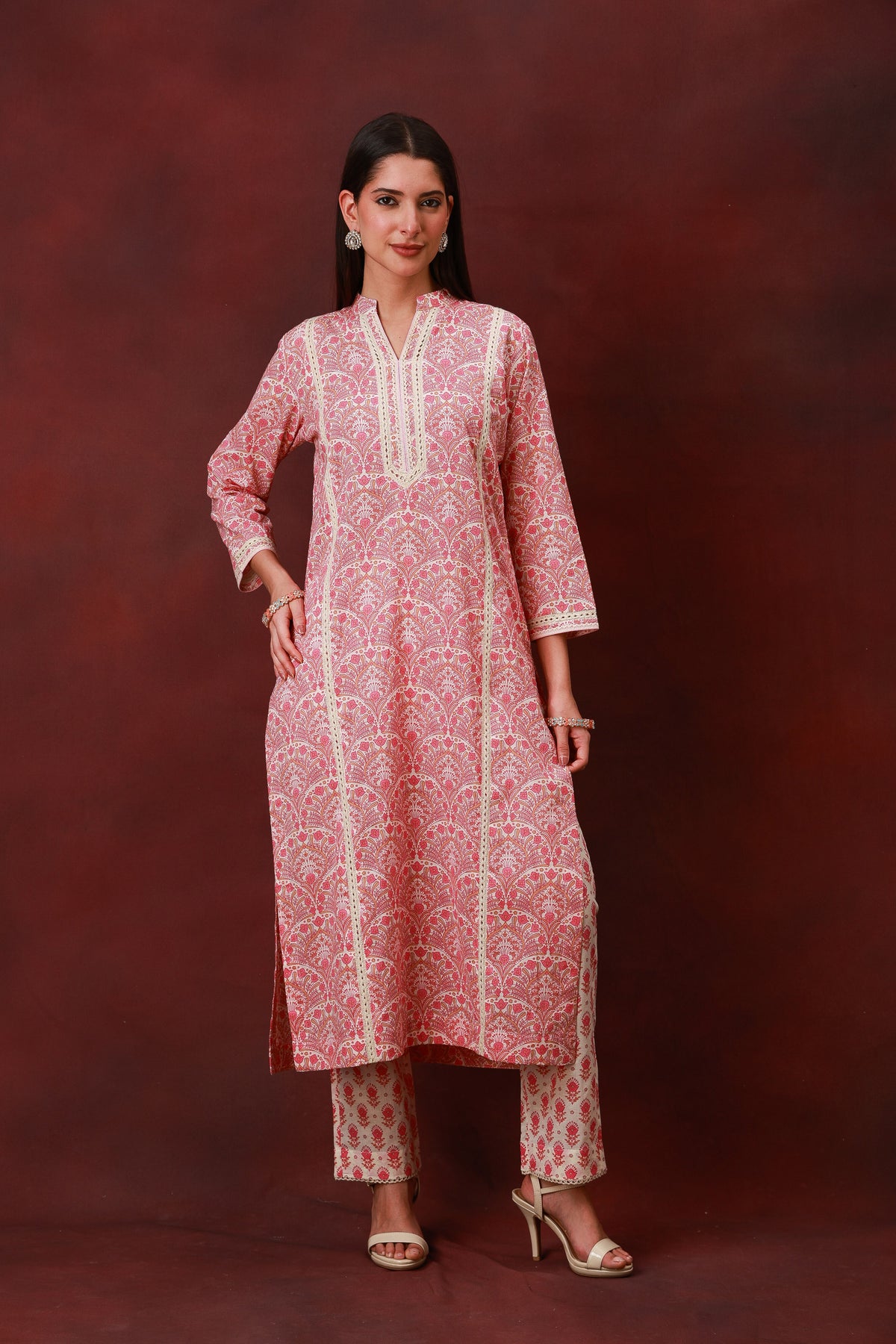 Gulrukh rose pink Jaipuri print cotton three-piece suit with dupatta, view 5