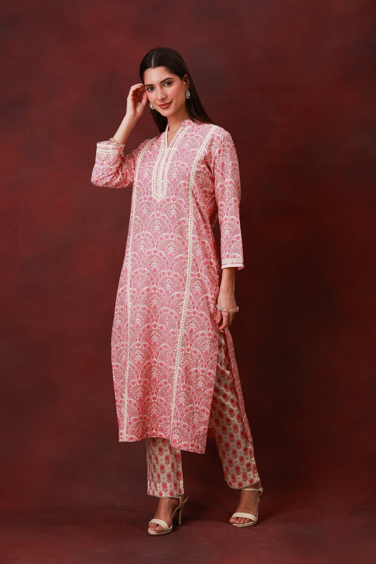 Gulrukh rose pink Jaipuri print cotton three-piece suit with dupatta, view 6