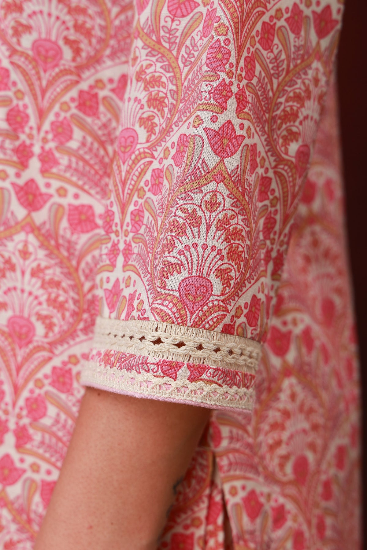 Gulrukh rose pink Jaipuri print cotton three-piece suit with dupatta, view 4