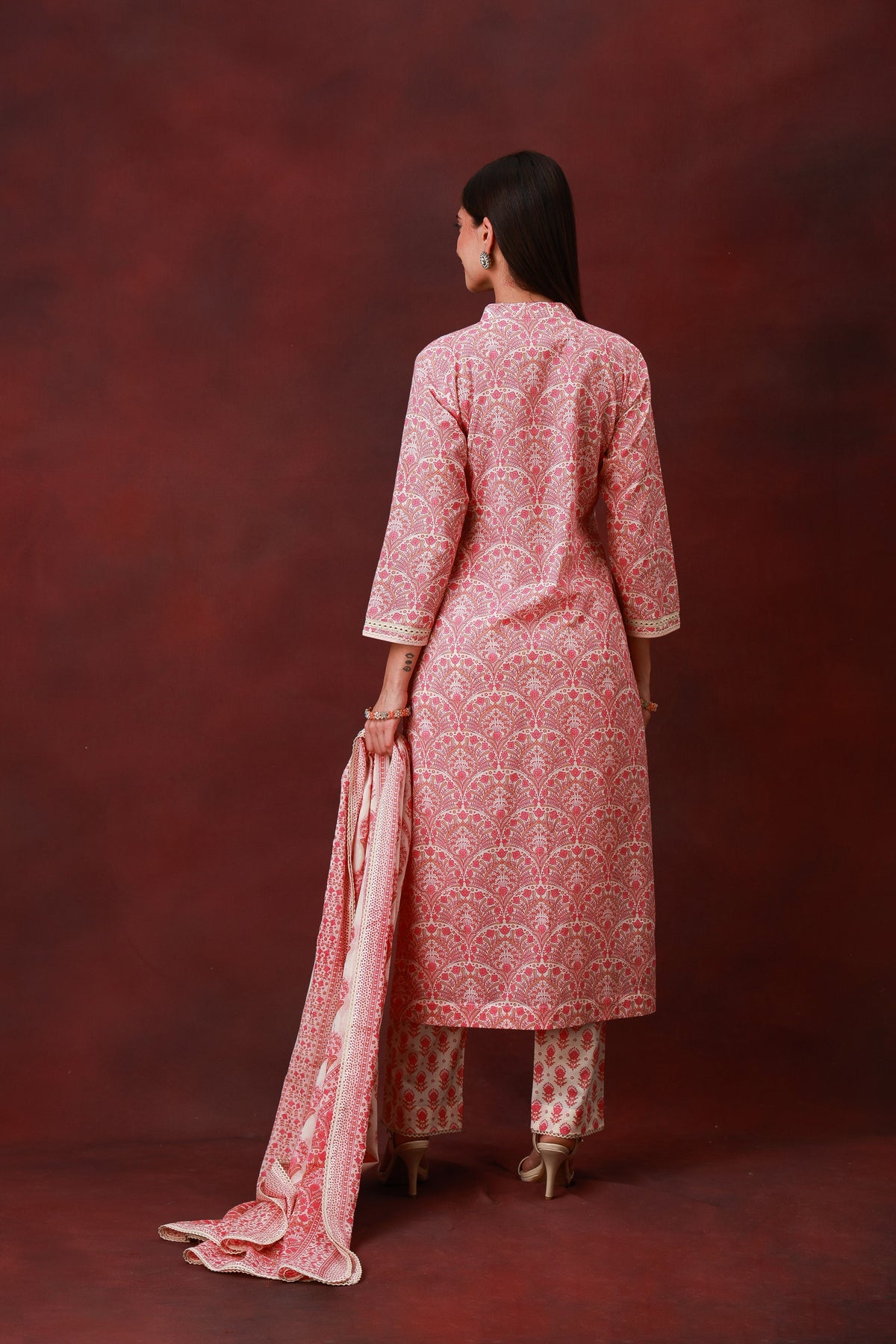 Gulrukh rose pink Jaipuri print cotton three-piece suit with dupatta, view 7