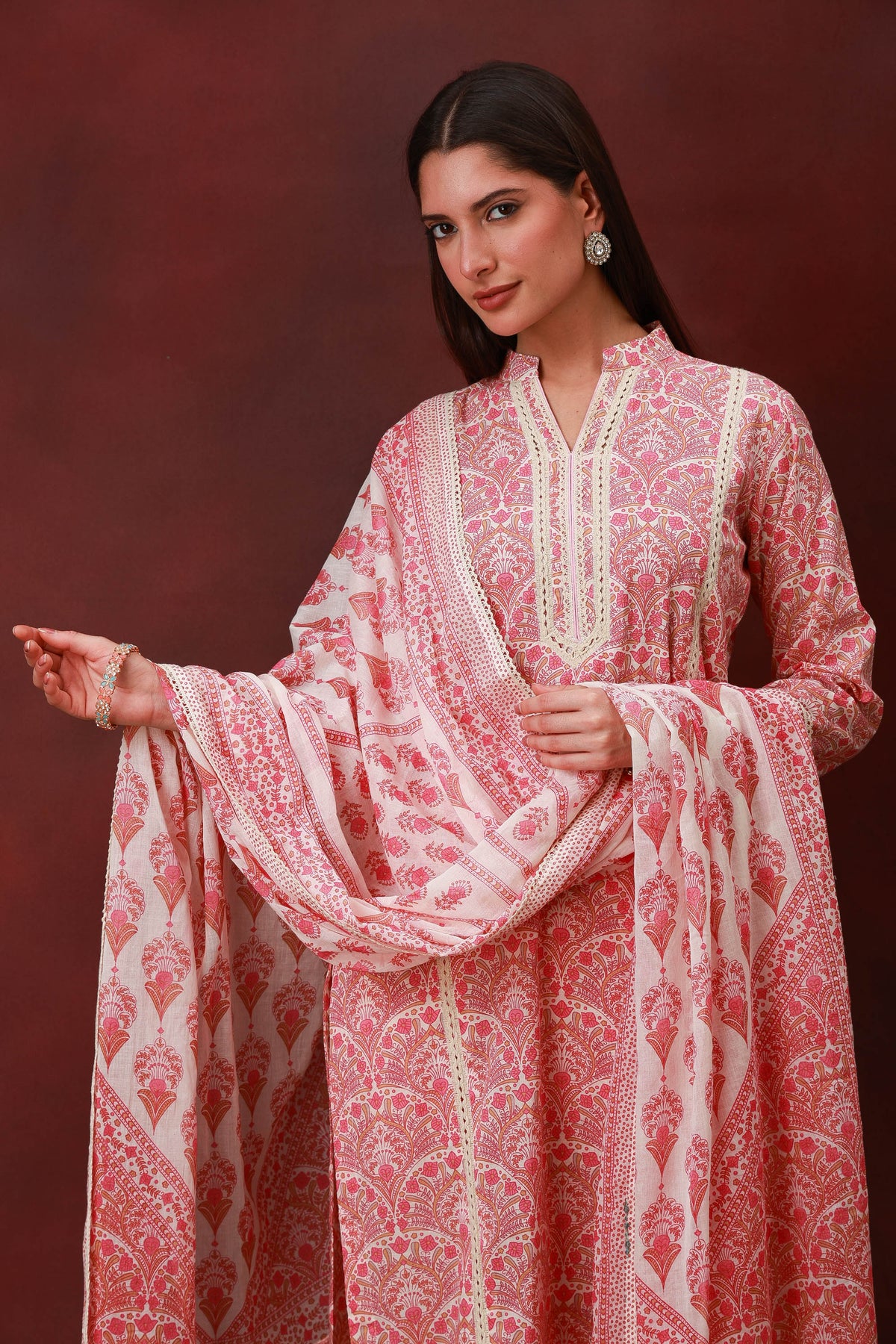 Gulrukh rose pink Jaipuri print cotton three-piece suit with dupatta, view 2