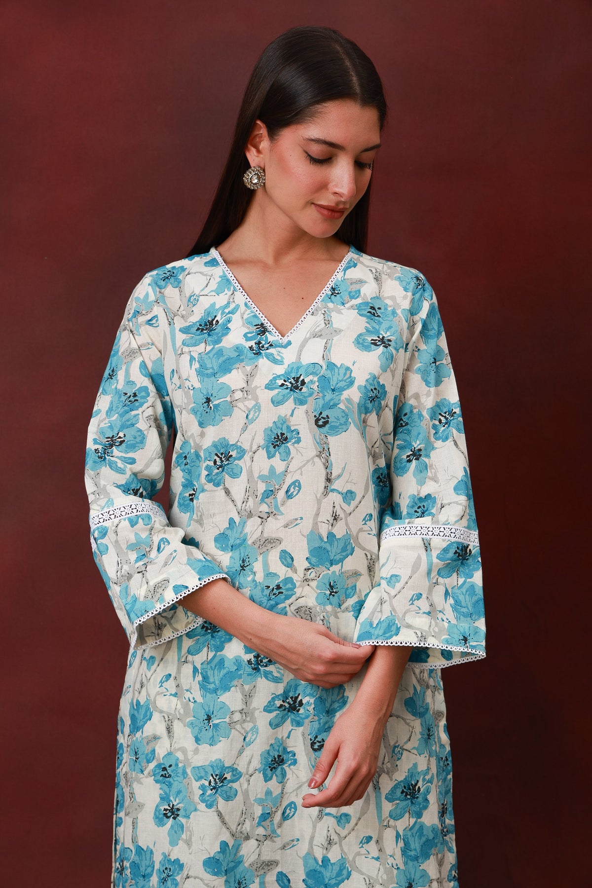 Neelbahar blue floral cotton three-piece suit with dupatta, view 8