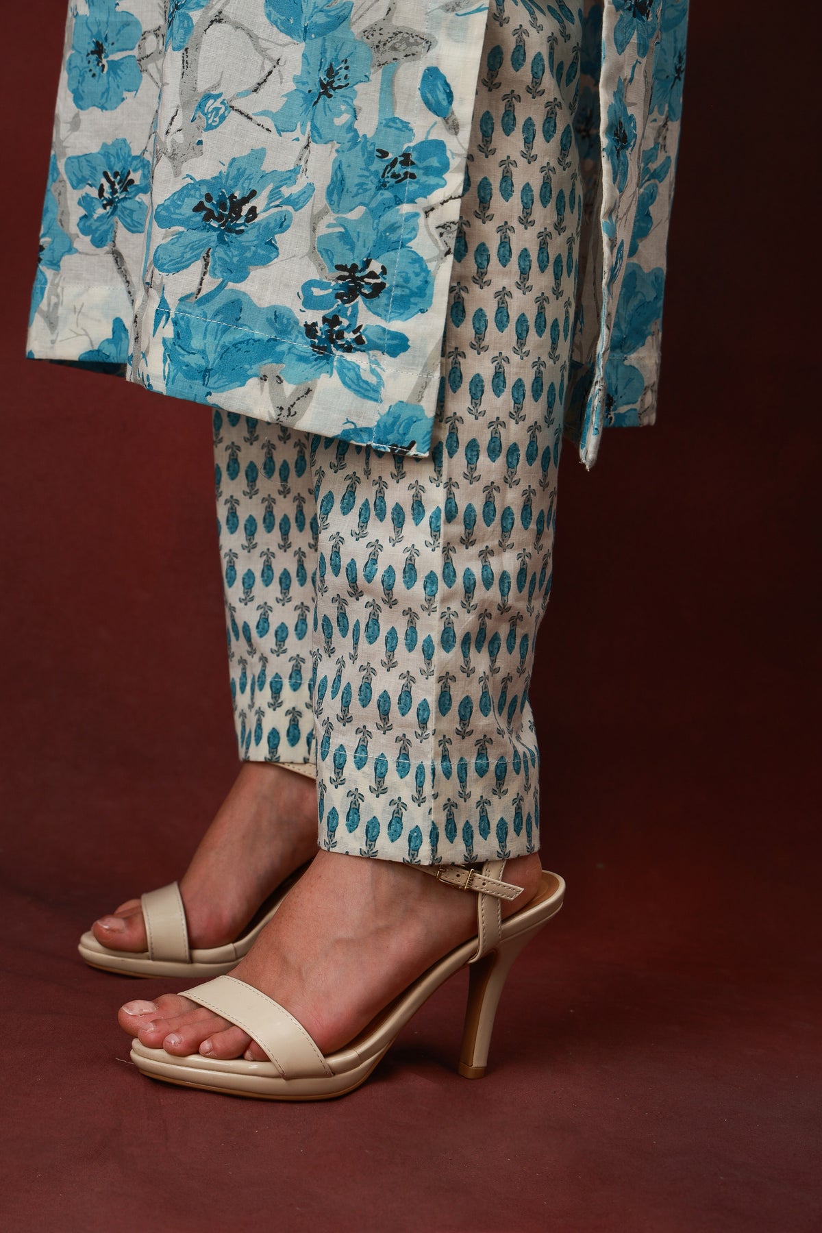 Neelbahar blue floral cotton three-piece suit with dupatta, view 5