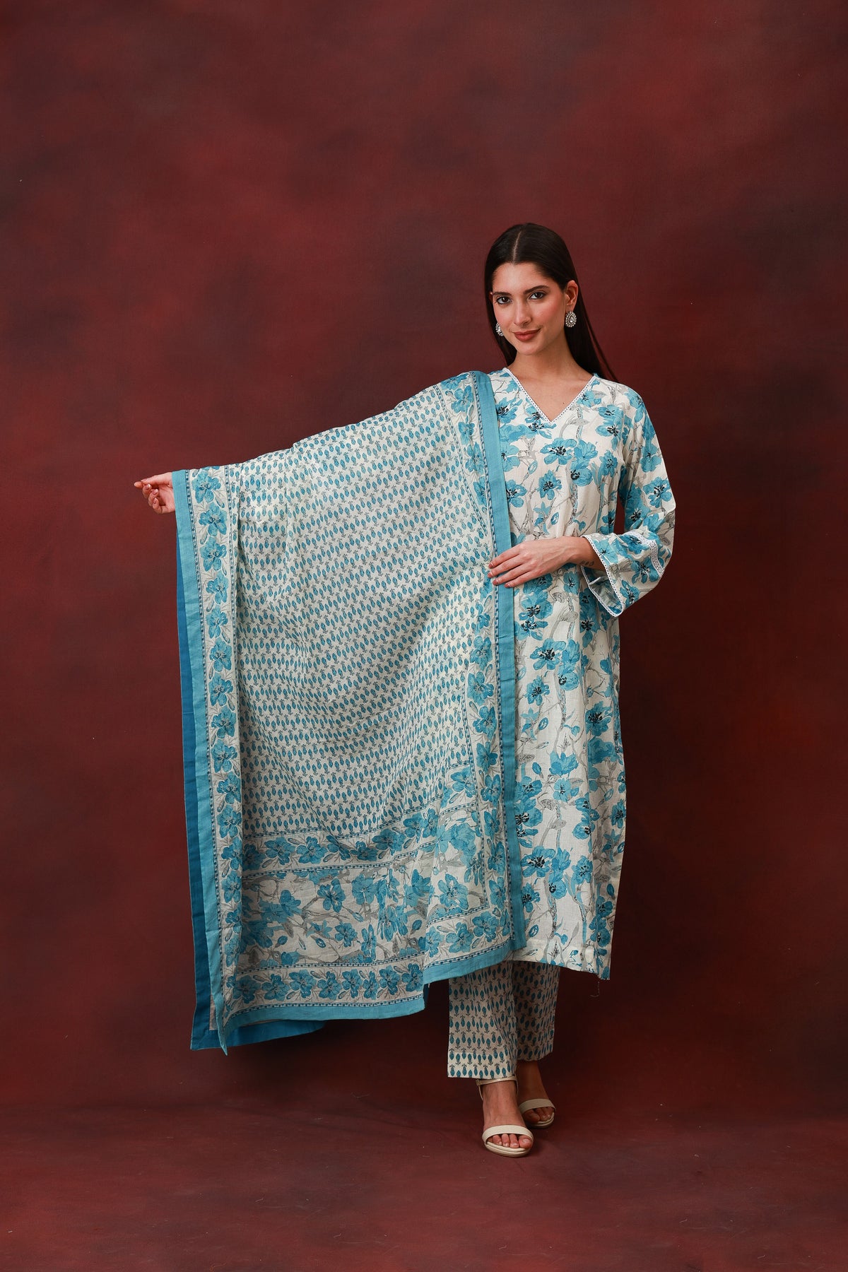 Neelbahar blue floral cotton three-piece suit with dupatta, view 6