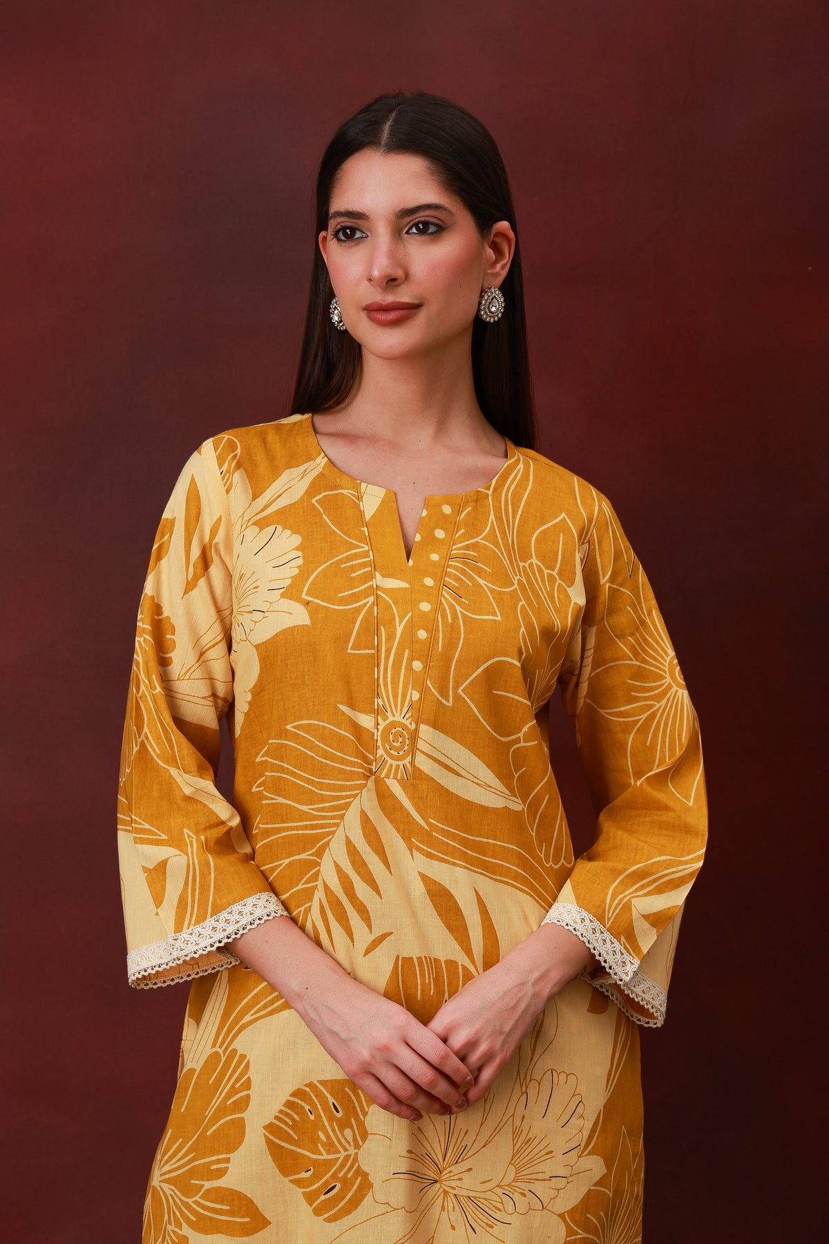 Kanak mustard floral cotton three-piece suit with dupatta, view 3