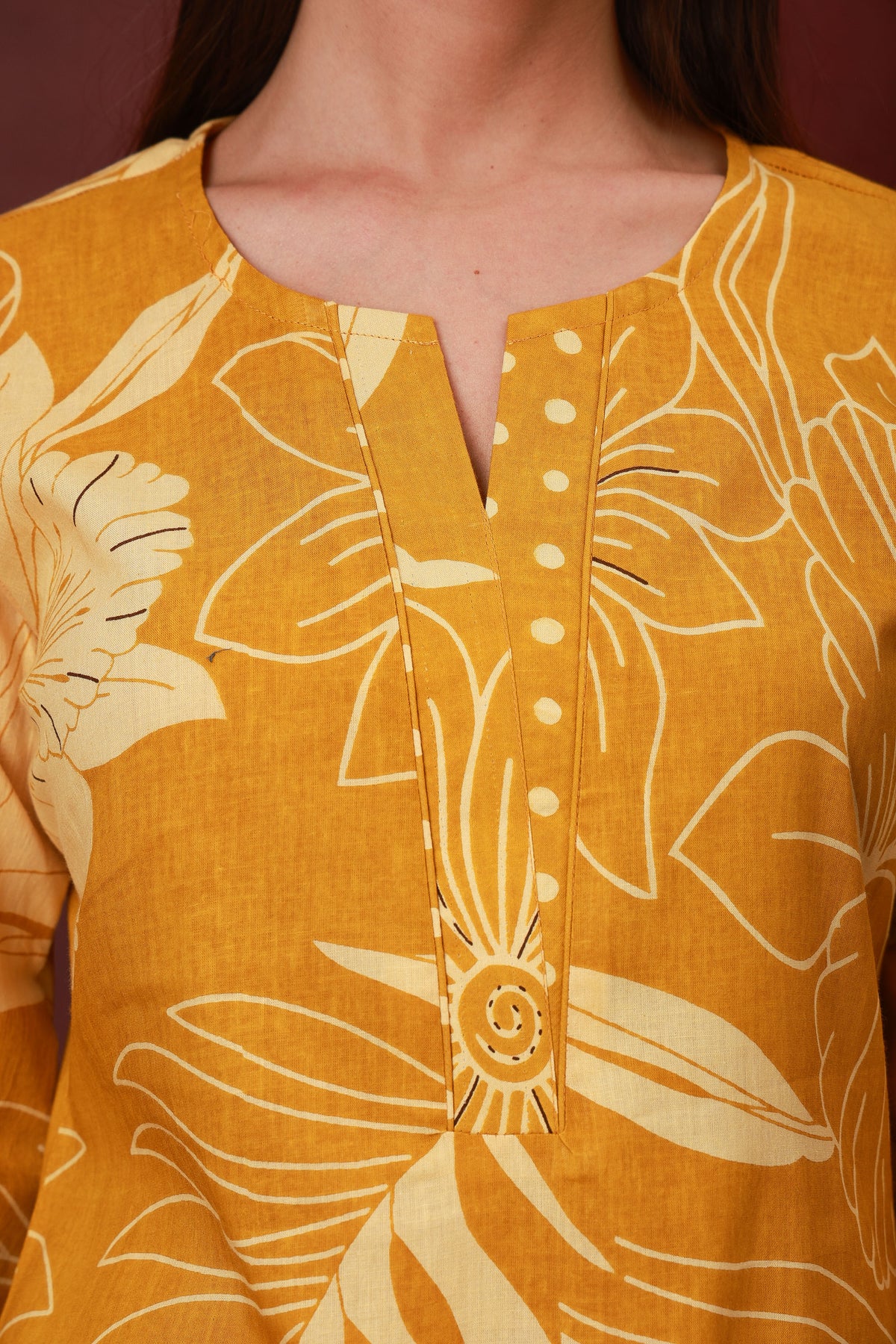 Kanak mustard floral cotton three-piece suit with dupatta, view 4