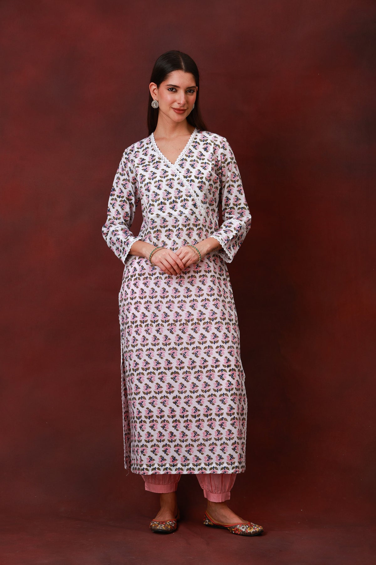 Bahar Jaipur hand block pink floral print white cotton kurta - view 4