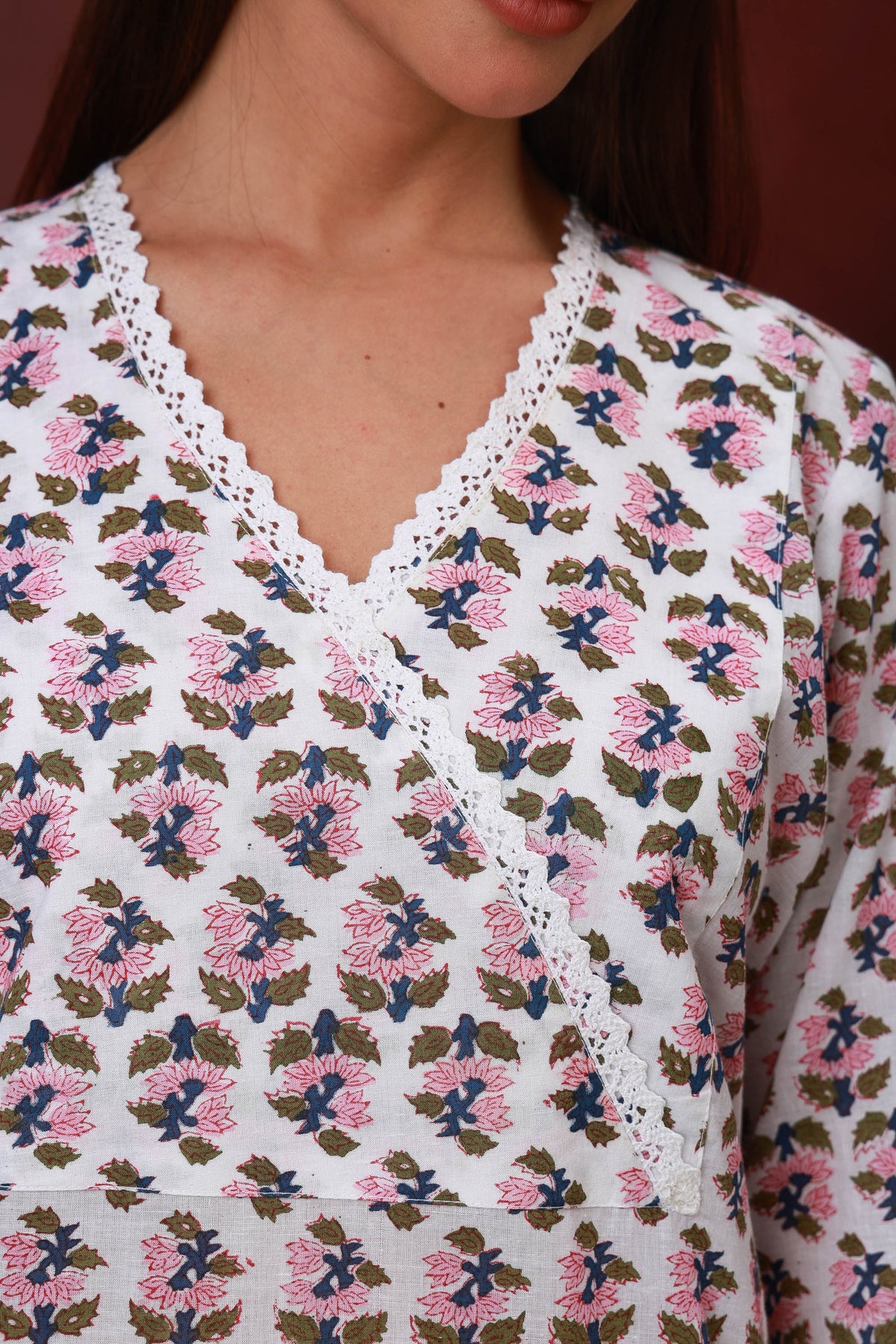 Bahar Jaipur hand block pink floral print white cotton kurta - view 2