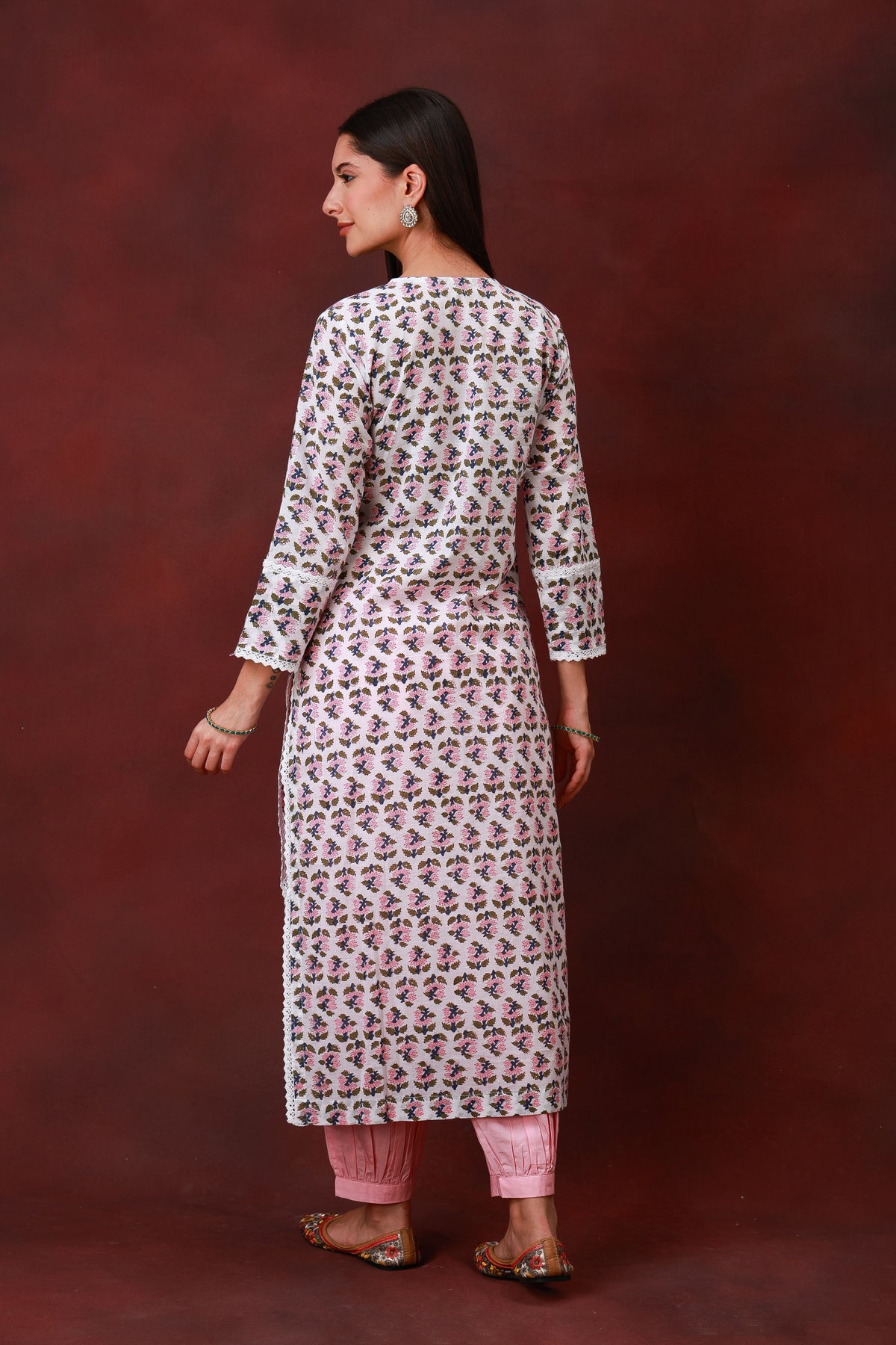 Bahar Jaipur hand block pink floral print white cotton kurta - view 6