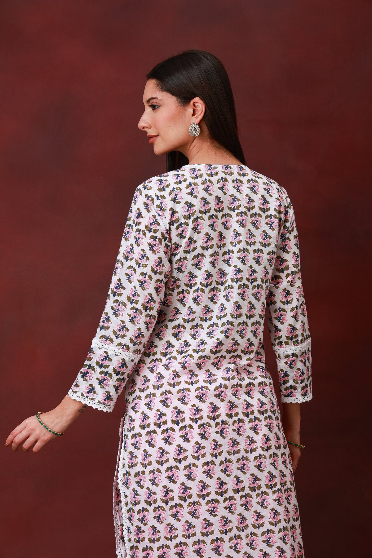Bahar Jaipur hand block pink floral print white cotton kurta - view 8