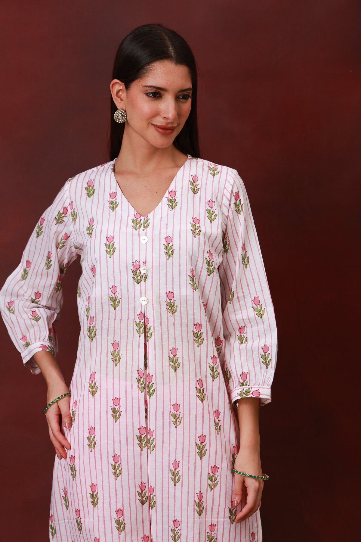 Blush Bloom Jaipur hand block pink floral print white cotton kurta - view 2