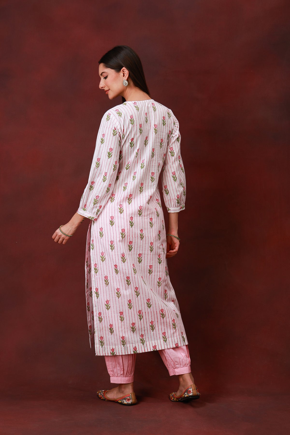 Blush Bloom Jaipur hand block pink floral print white cotton kurta - view 6