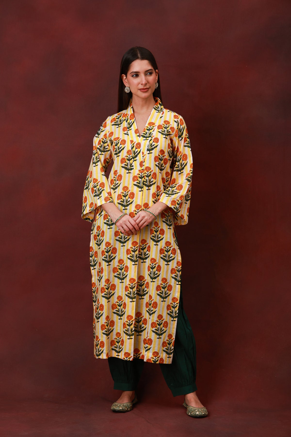 Genda Phool Jaipur hand block floral cotton kurta - view 5