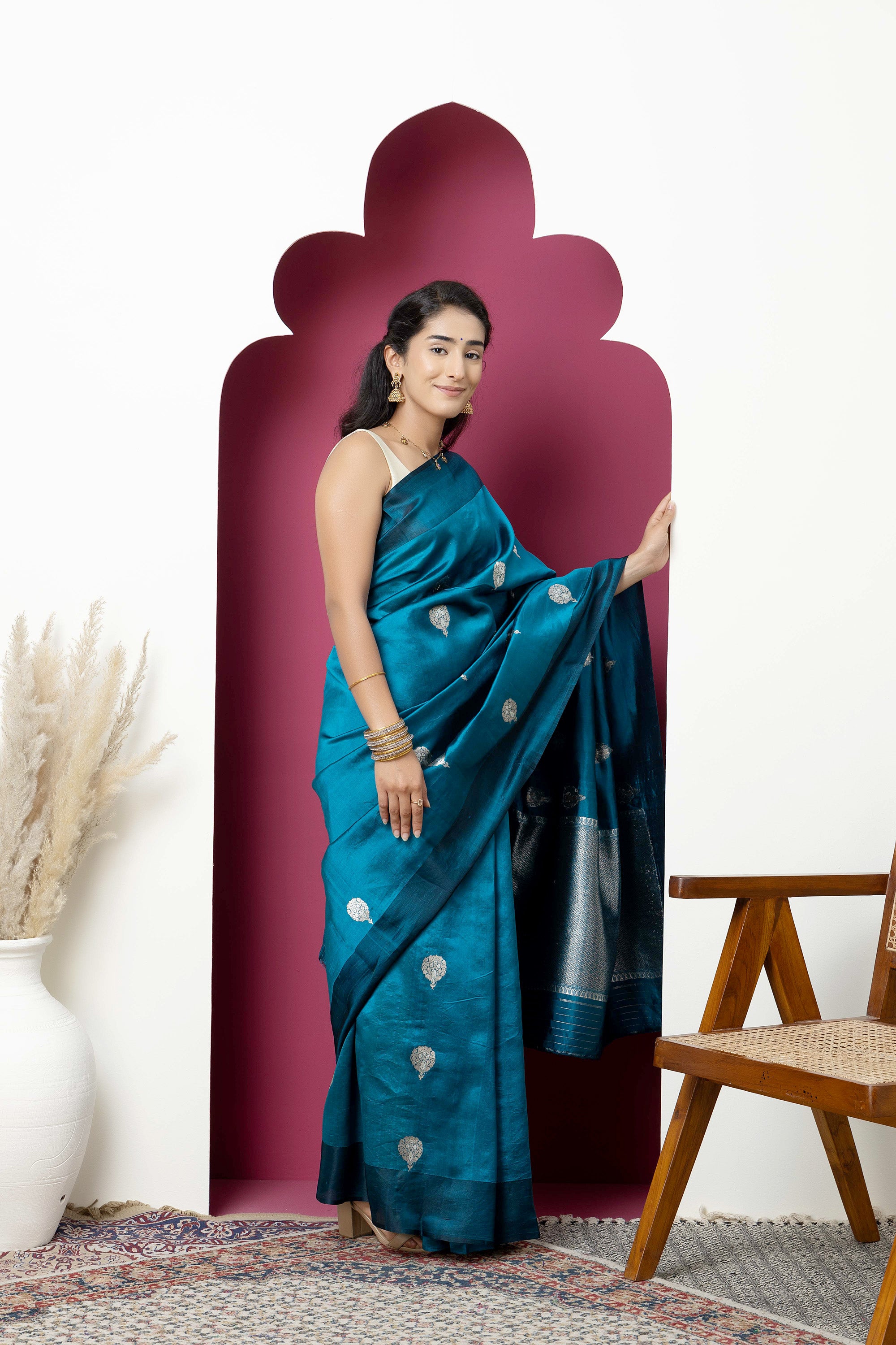 Banarasi Handloom teal blue pure silk saree with large bute and zari border