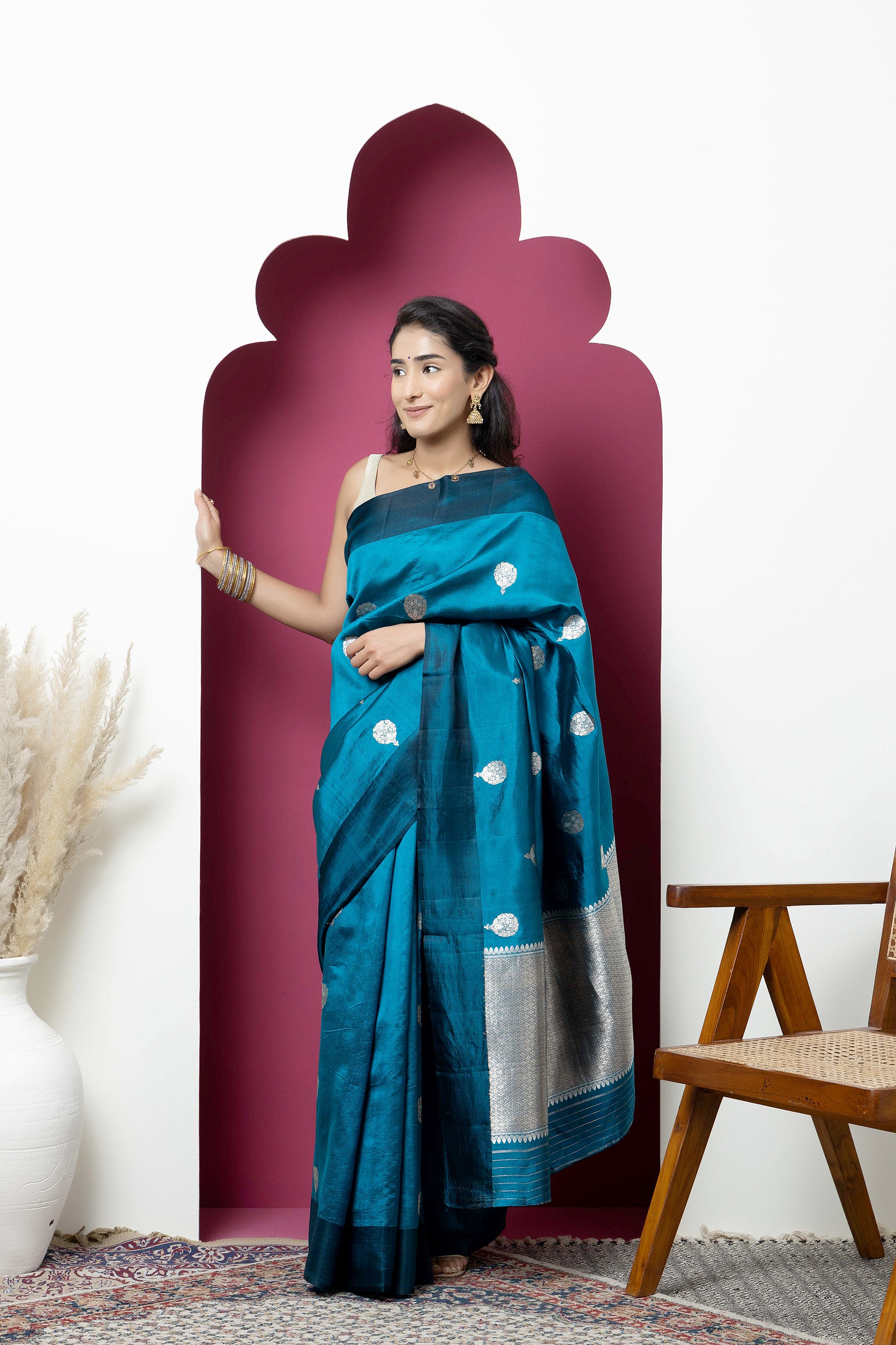 Banarasi Handloom teal blue pure silk saree with large bute and zari border
