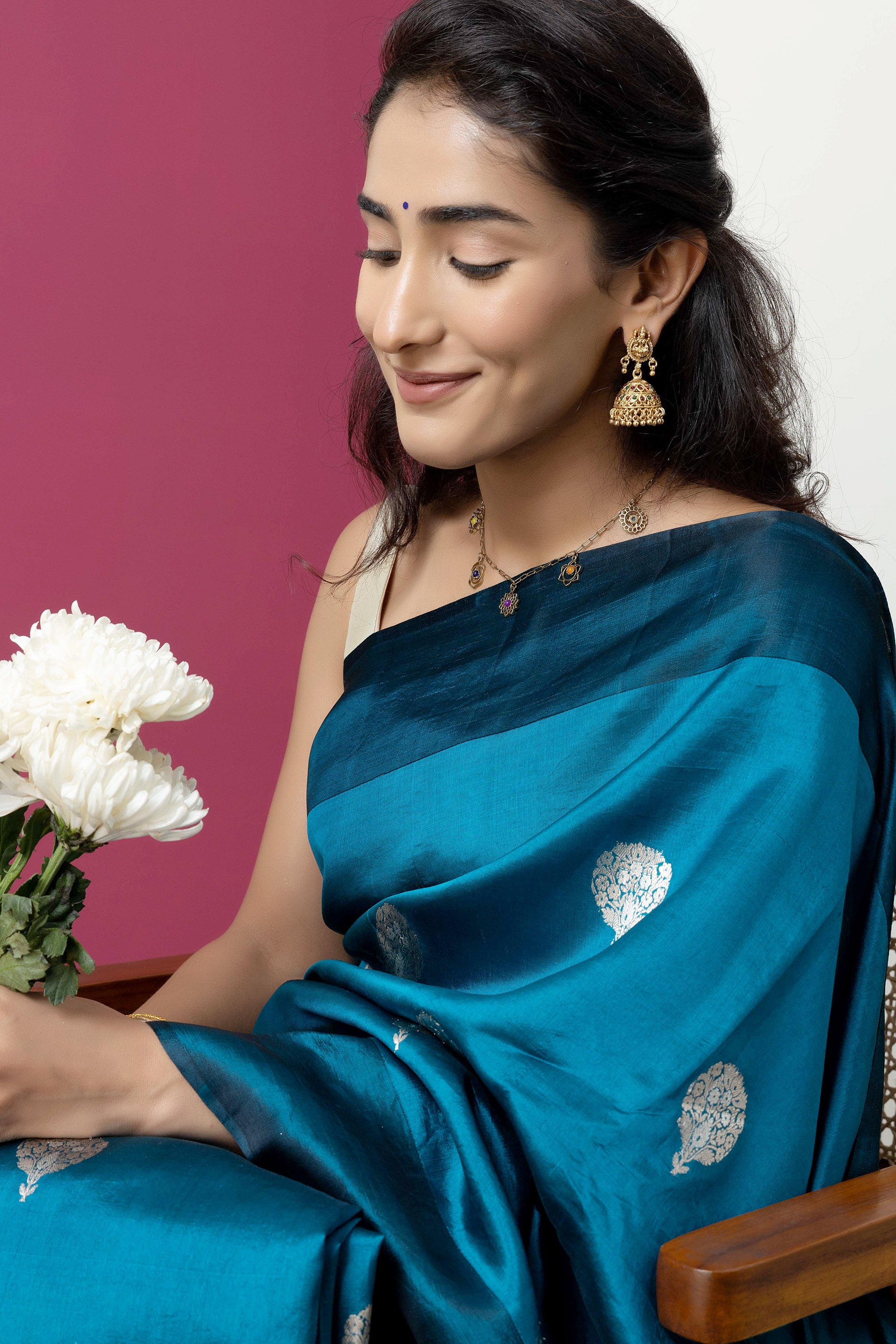 Banarasi Handloom teal blue pure silk saree with large bute and zari border