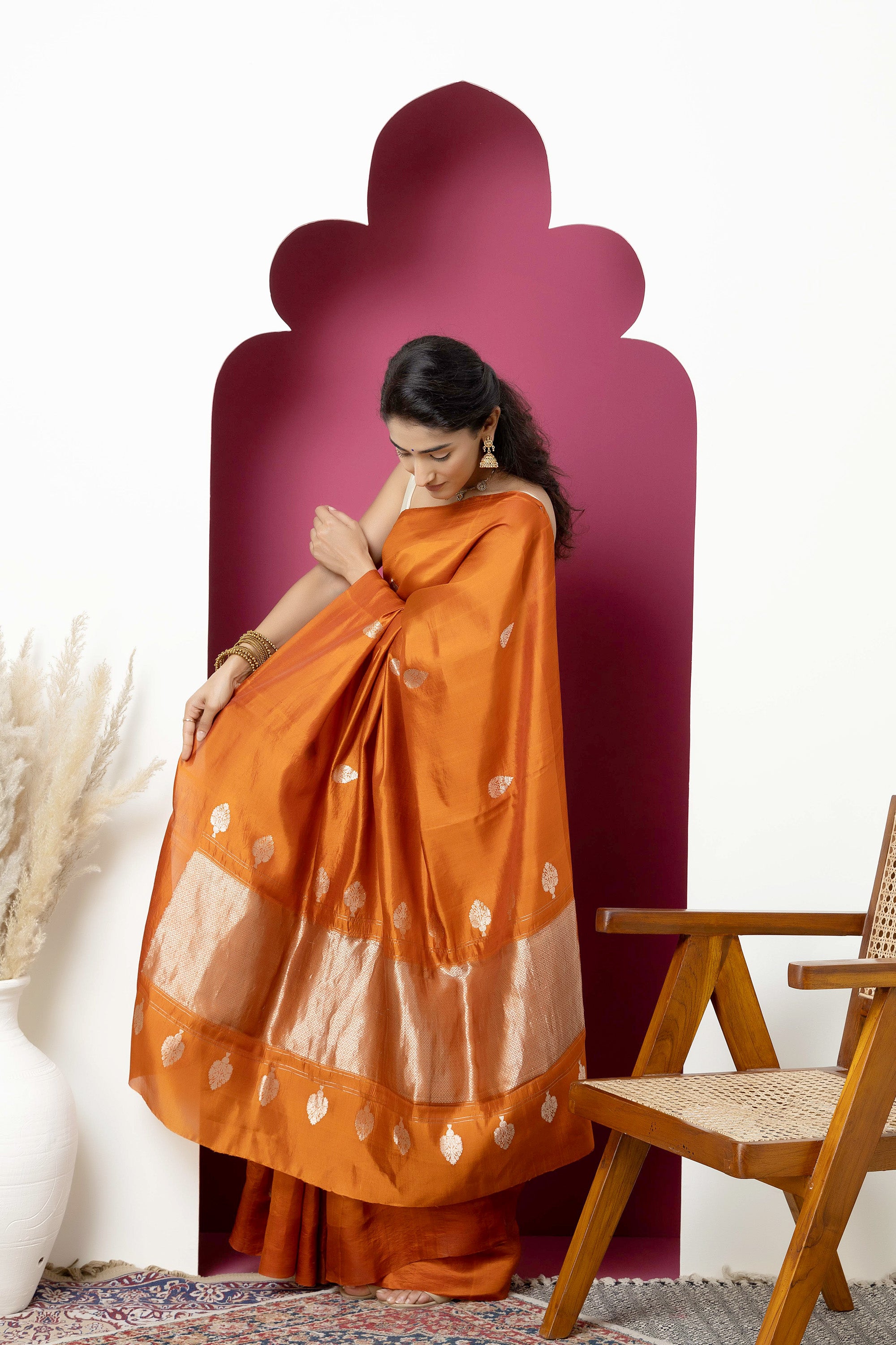 Banarasi Handloom rust yellow pure silk saree with large bute and zari border