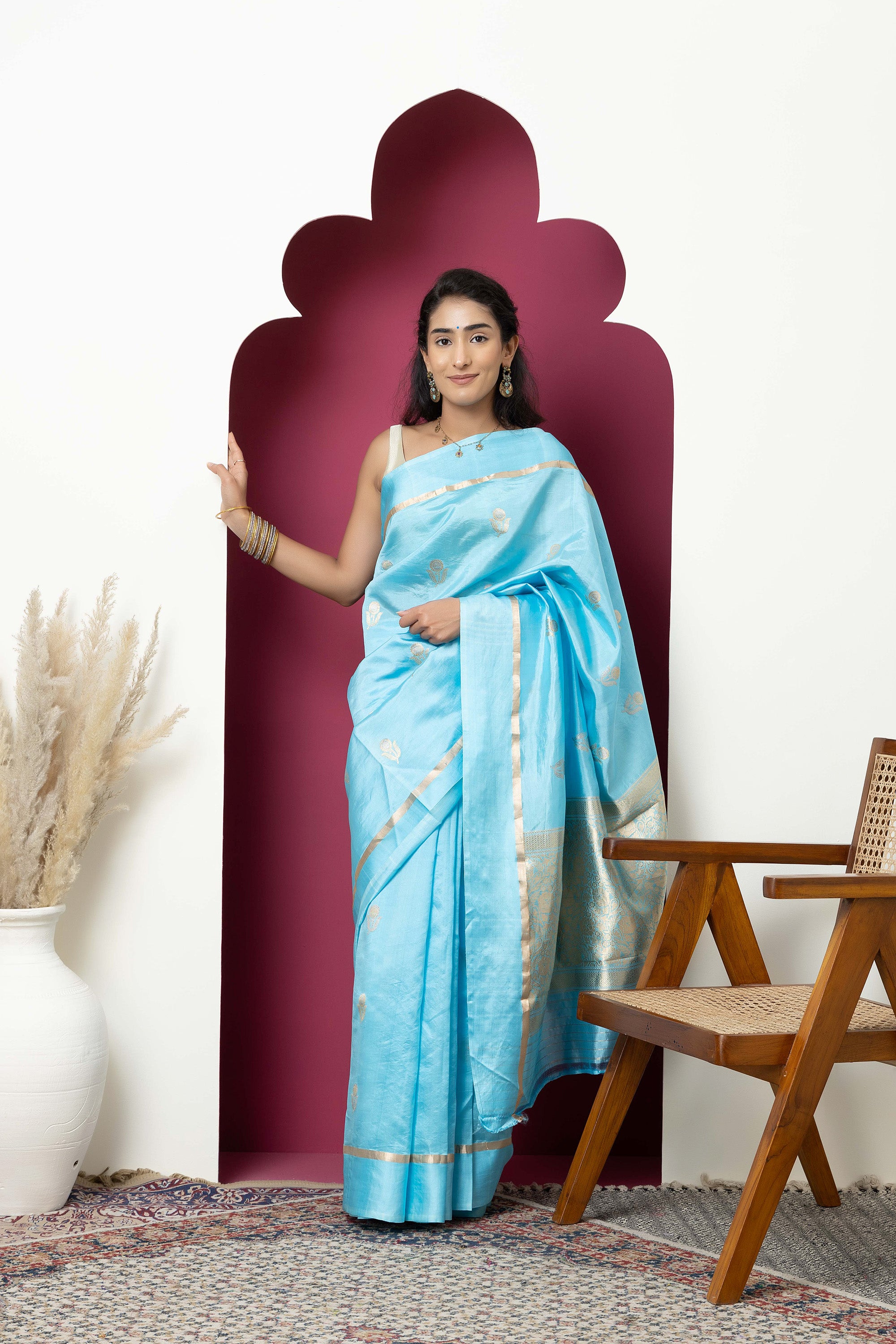 Banarasi Handloom light blue pure silk saree with large bute and zari border