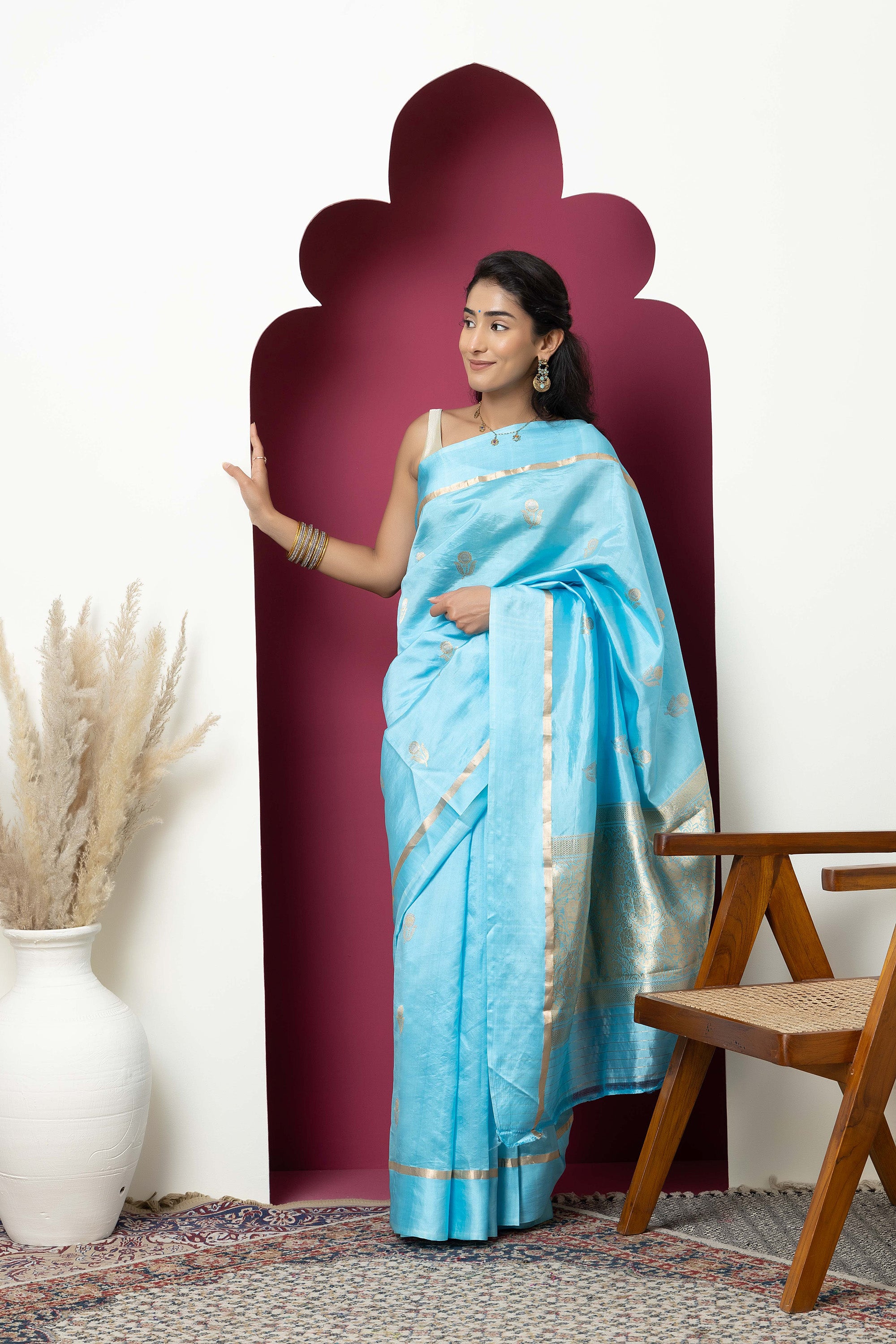 Banarasi Handloom light blue pure silk saree with large bute and zari border