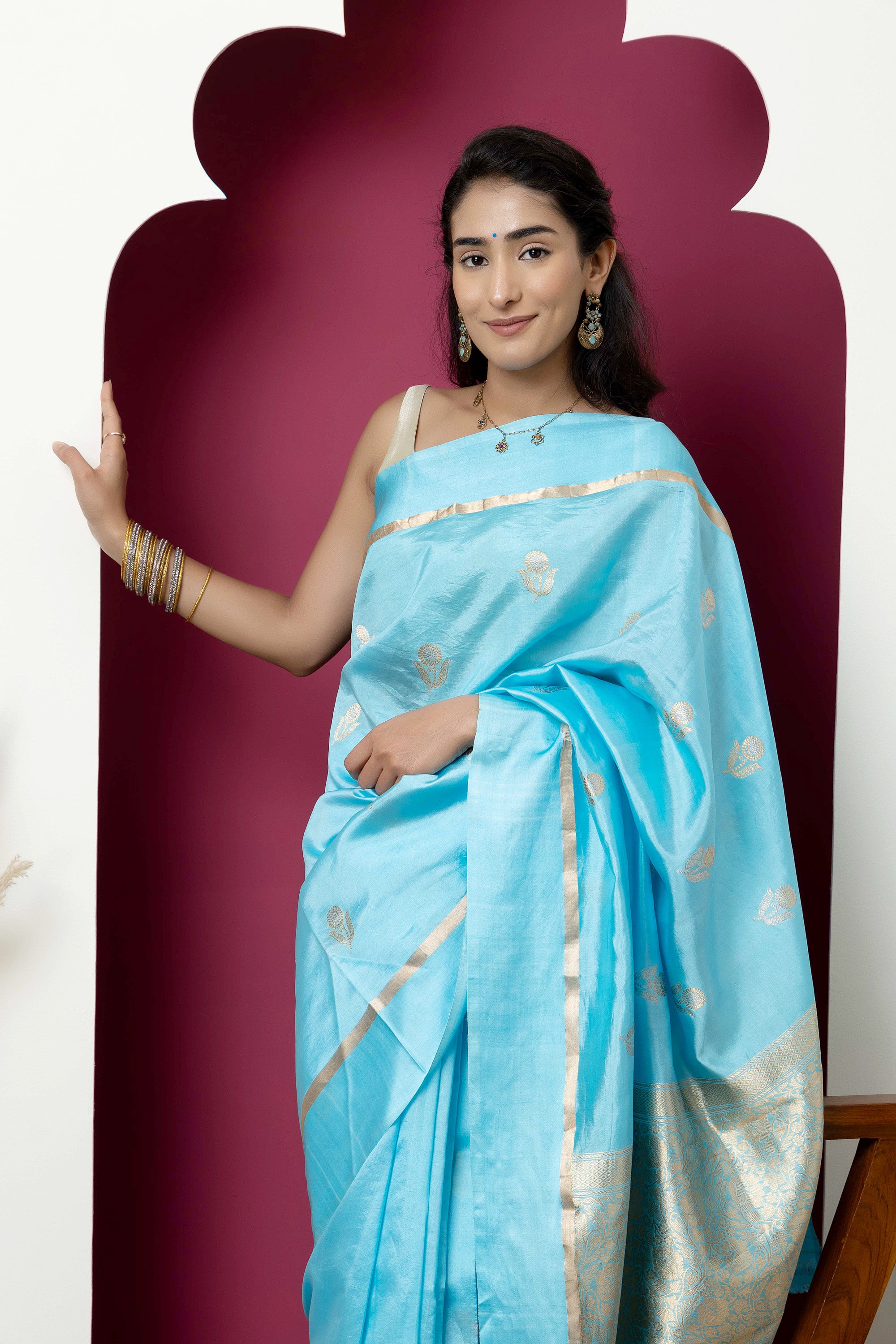 Banarasi Handloom light blue pure silk saree with large bute and zari border