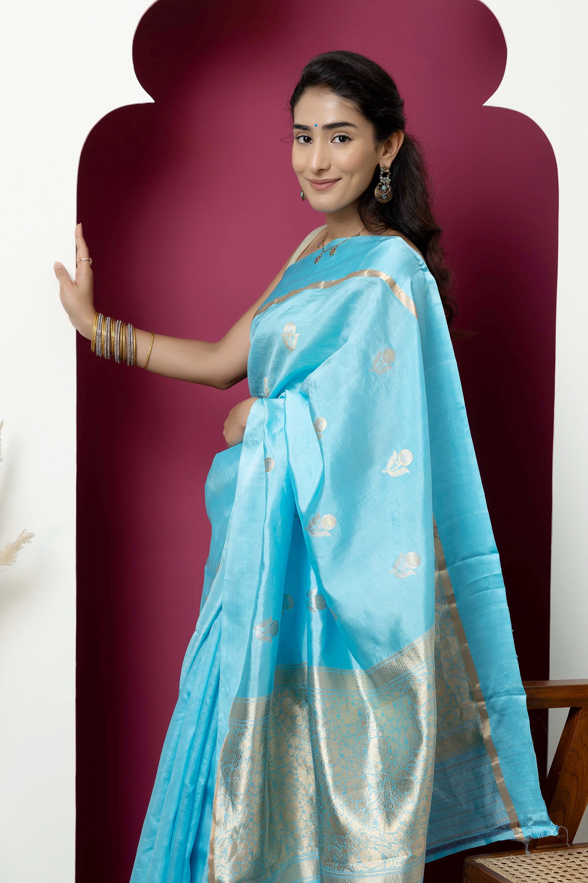 Banarasi Handloom light blue pure silk saree with large bute and zari border